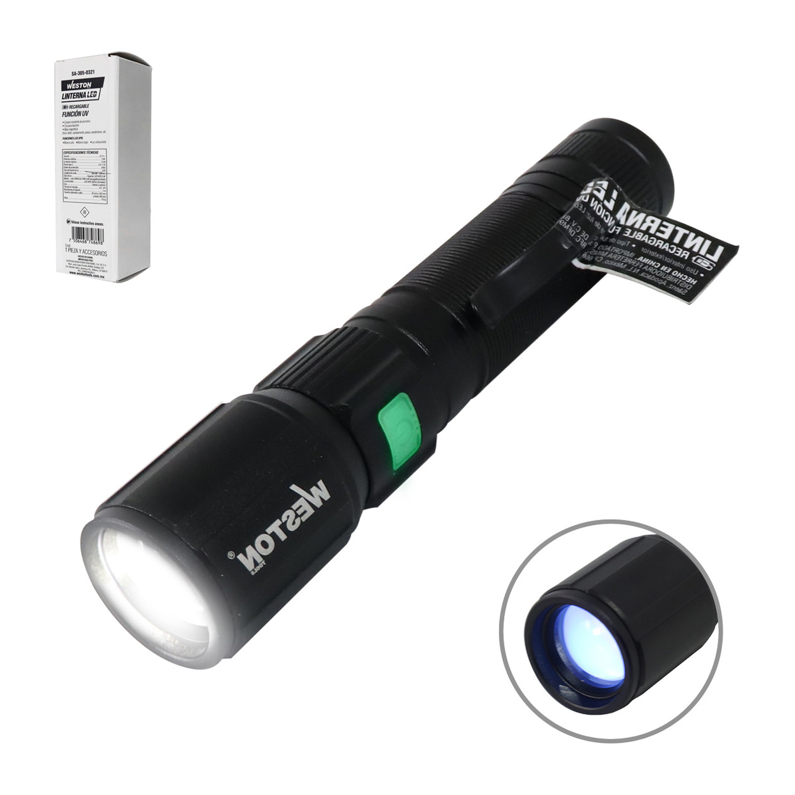 Linterna LED Recargable USB con Función UV 365-370 nm Weston