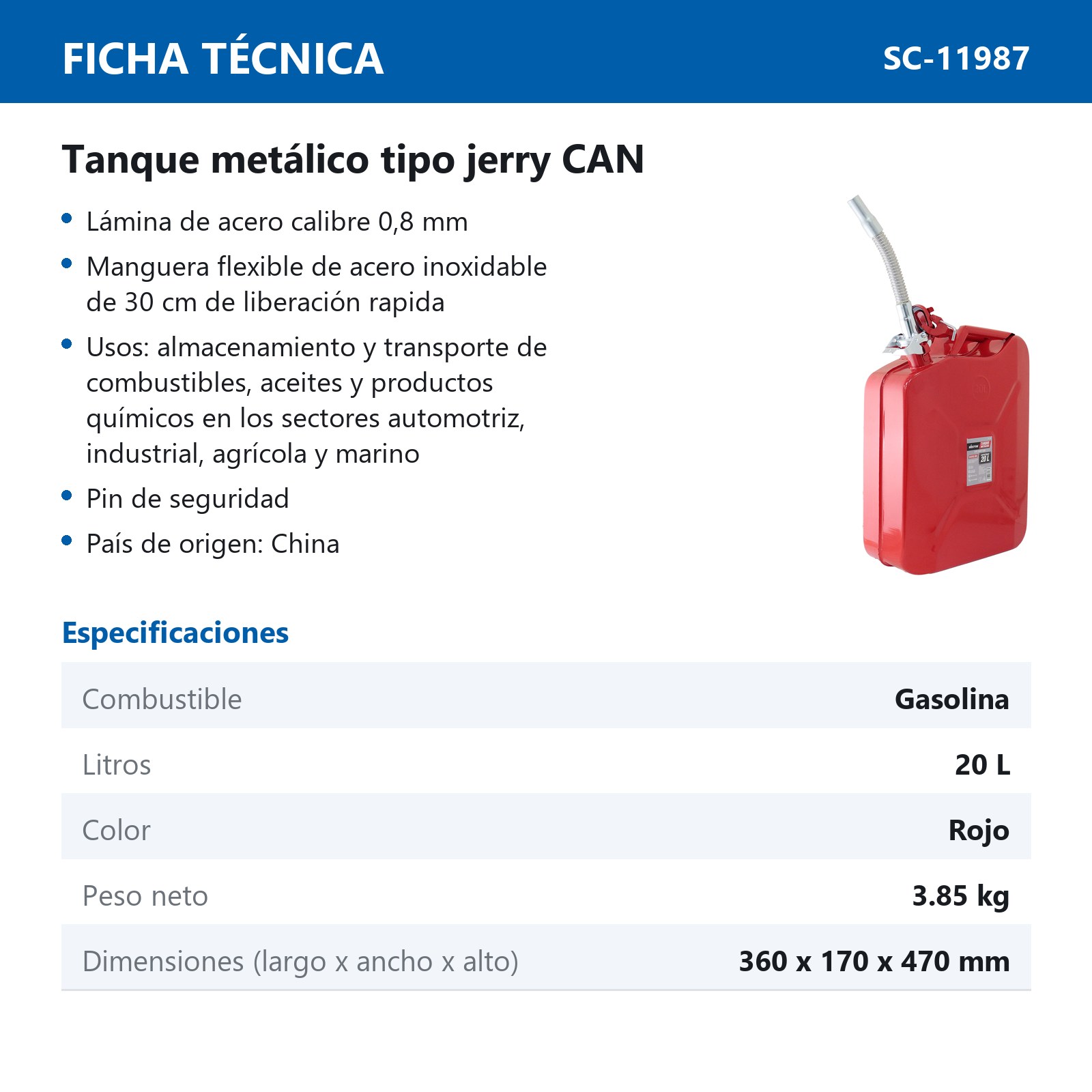 TANQUE DE GASOLINA METALICO ROJO 20 L - Imagen 3