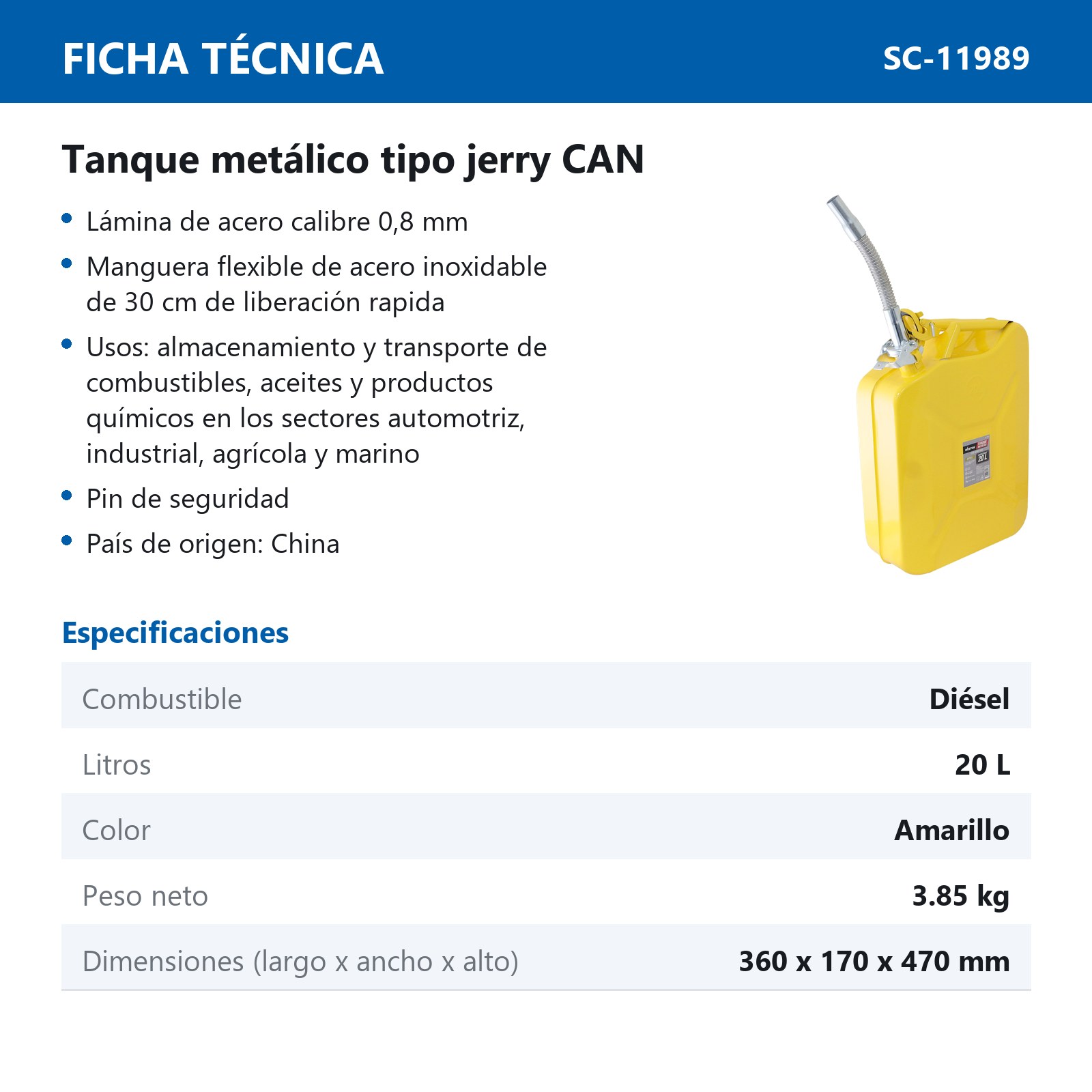 TANQUE DE DIESEL METALICO AMARILLO 20 L - Imagen 3