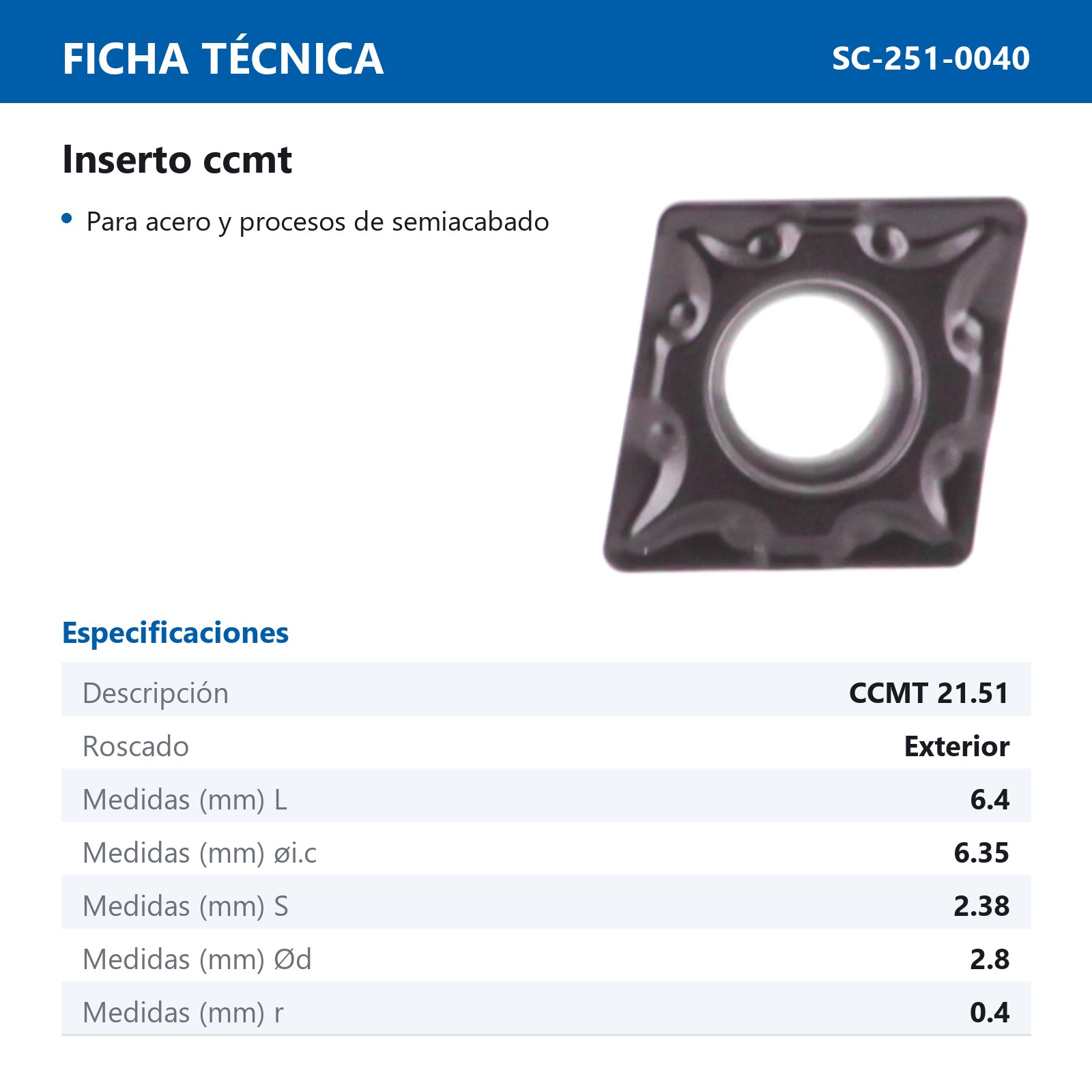 INSERTO CCMT21.51-SL1 P20-30 (Precio x pieza - Empaque c/10 pzas) - Imagen 3