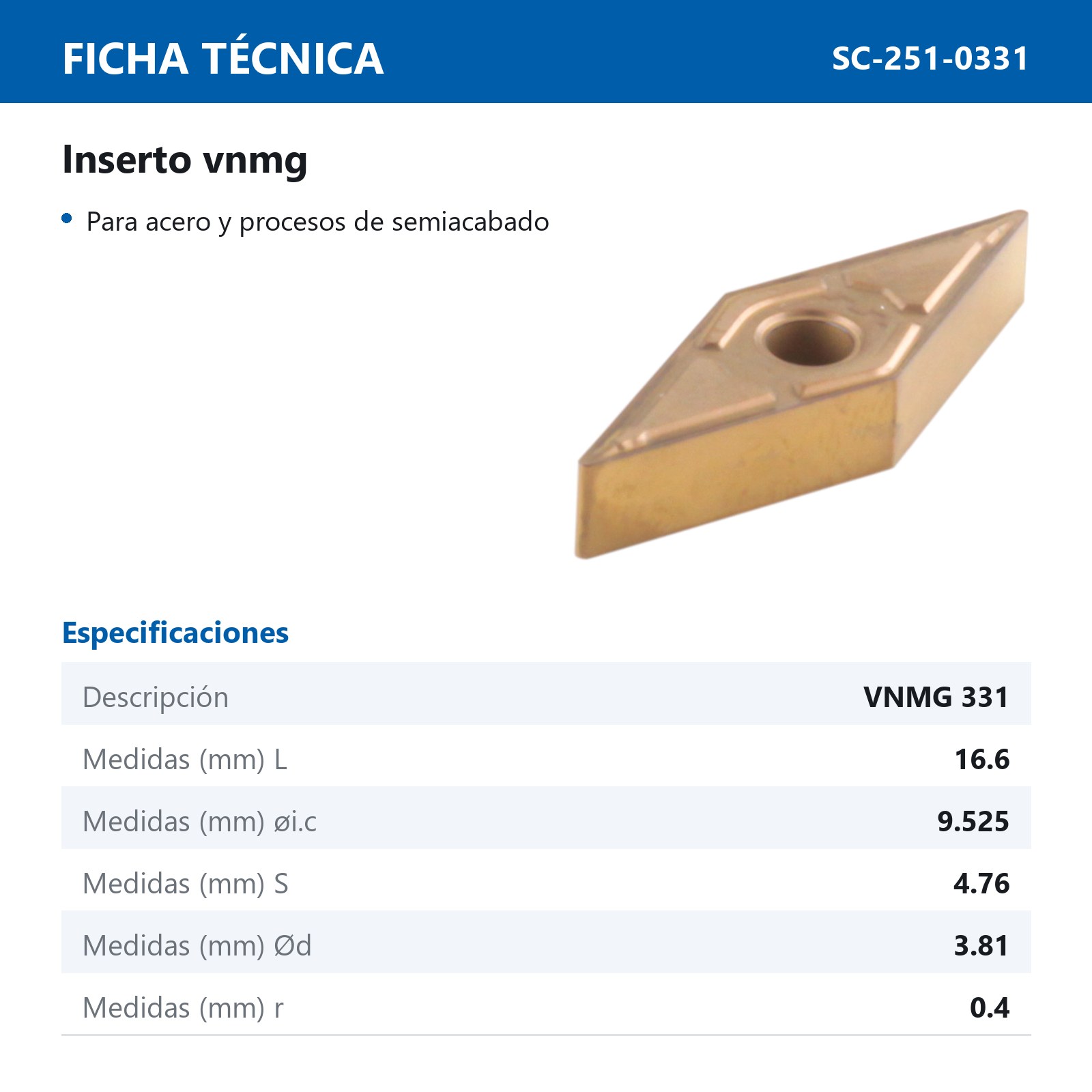 INSERTO VNMG331-MAL P25 M20 (Precio x pieza - Empaque c/10 pzas) - Imagen 3