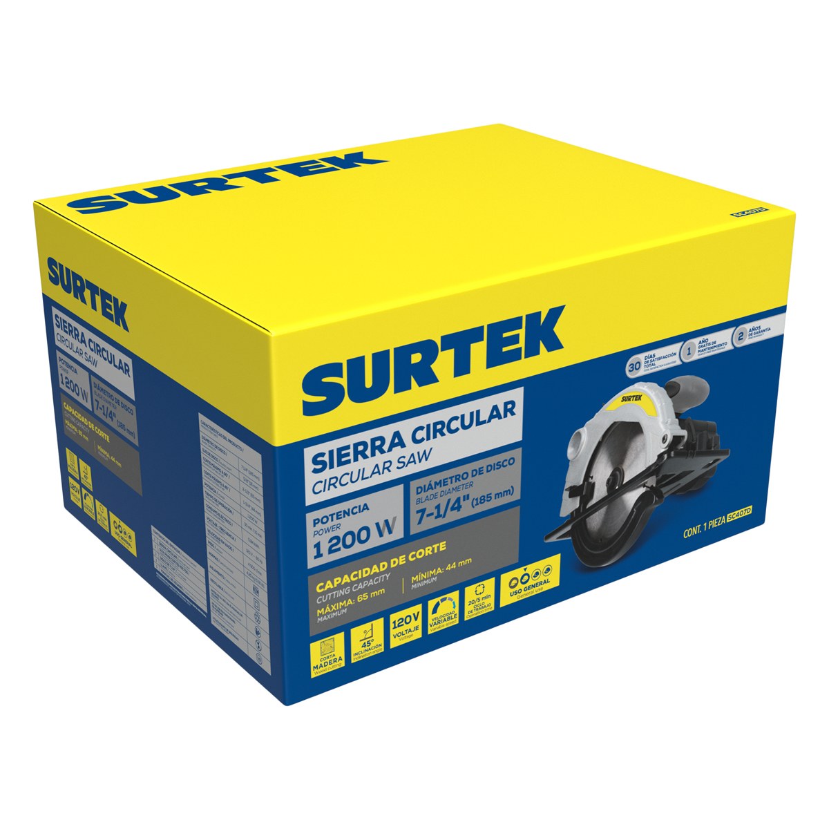 Sierra circular 7-1/4" 1,200 W 120 V, 0 - 4,500 RPM Surtek - Imagen 2