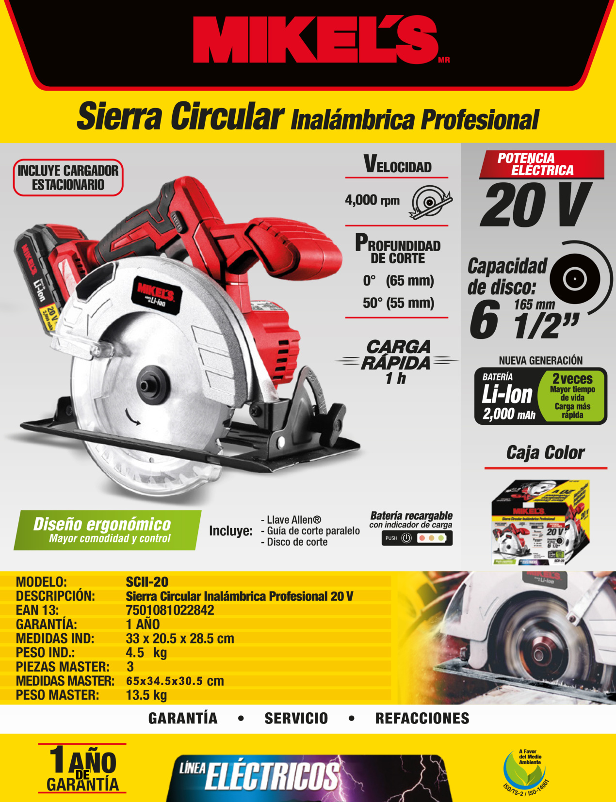 MIKELS SCII-20 Sierra circular inalámbrica profesional (20 V) - Imagen 4