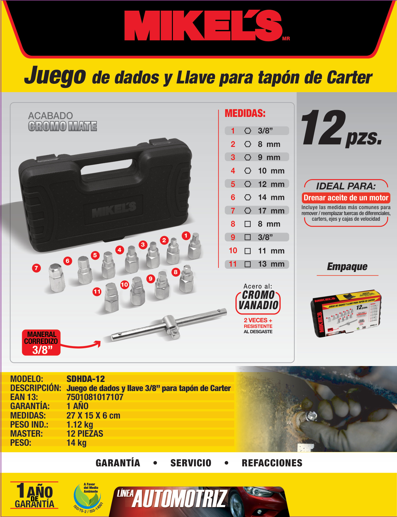 MIKELS SDHDA-12 Kit juego de dados y llaves 3/8" para tapón de carter - Imagen 4