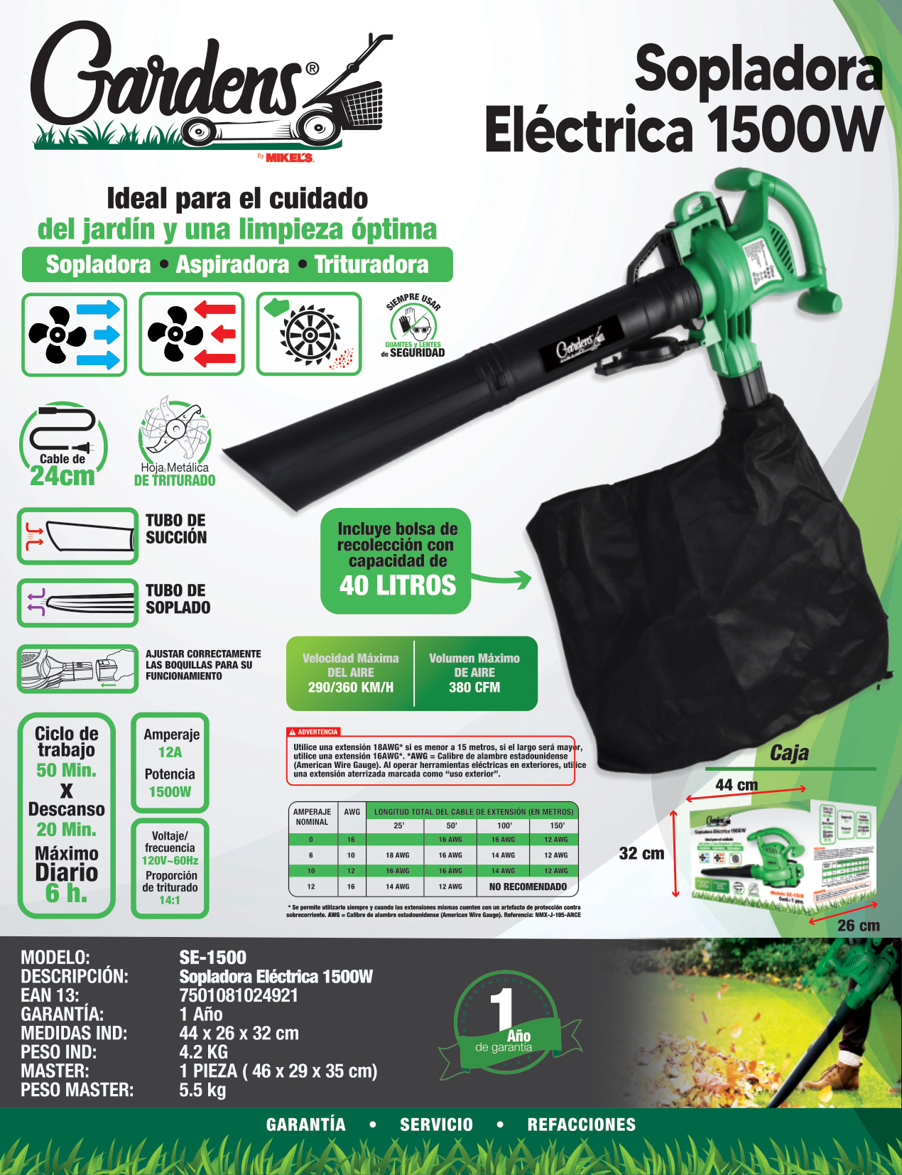 GARDENS SE-1500 Sopladora Eléctrica 1500 W - Imagen 4