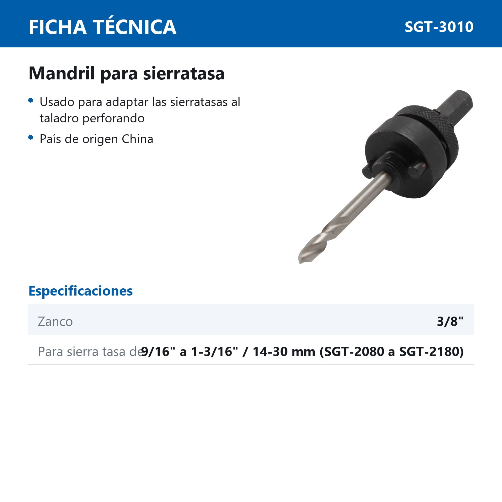 MANDRIL P/SIERRATASA ZANCO 3/8" RANGO 9/16" A 1-3/16" - Imagen 3