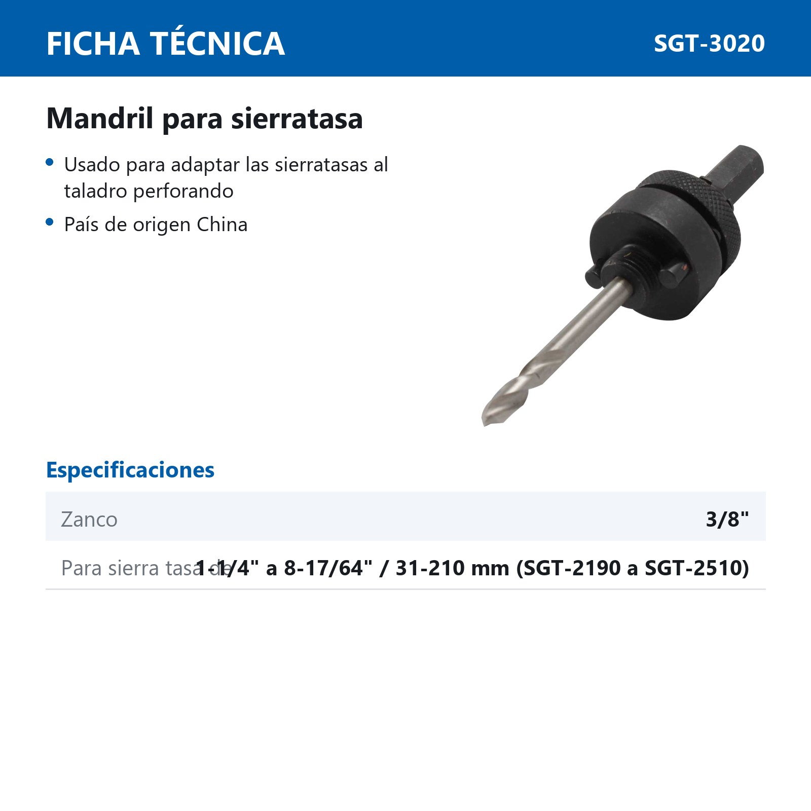 MANDRIL P/SIERRATASA ZANCO 3/8" RANGO 1-1/4" A 8-17/64" - Imagen 3