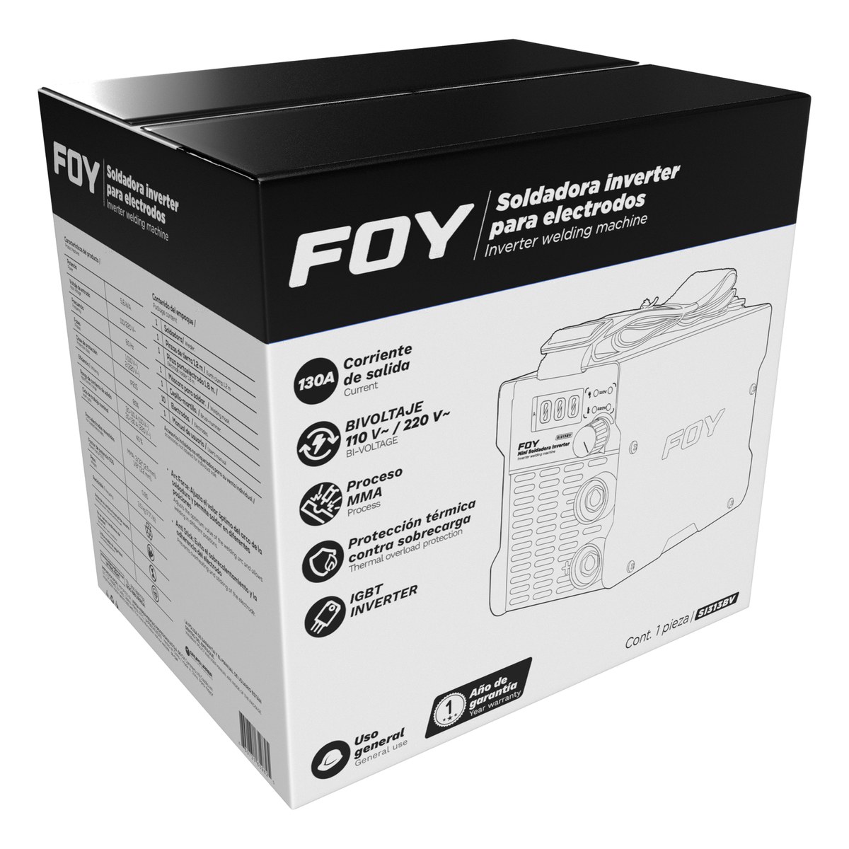 Soldadora inverter para electrodos de 1 fase bi voltaje 110-220 V, 130 A Foy - Imagen 2
