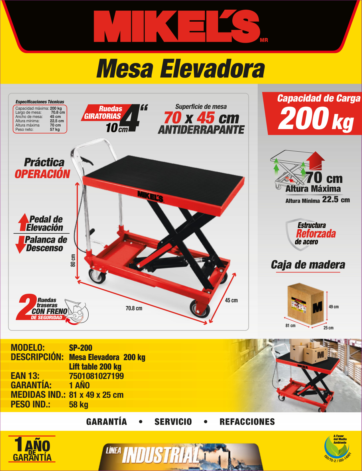 MIKELS SP-200 Mesa elevadora hidráulica (200 kgs) - Imagen 4