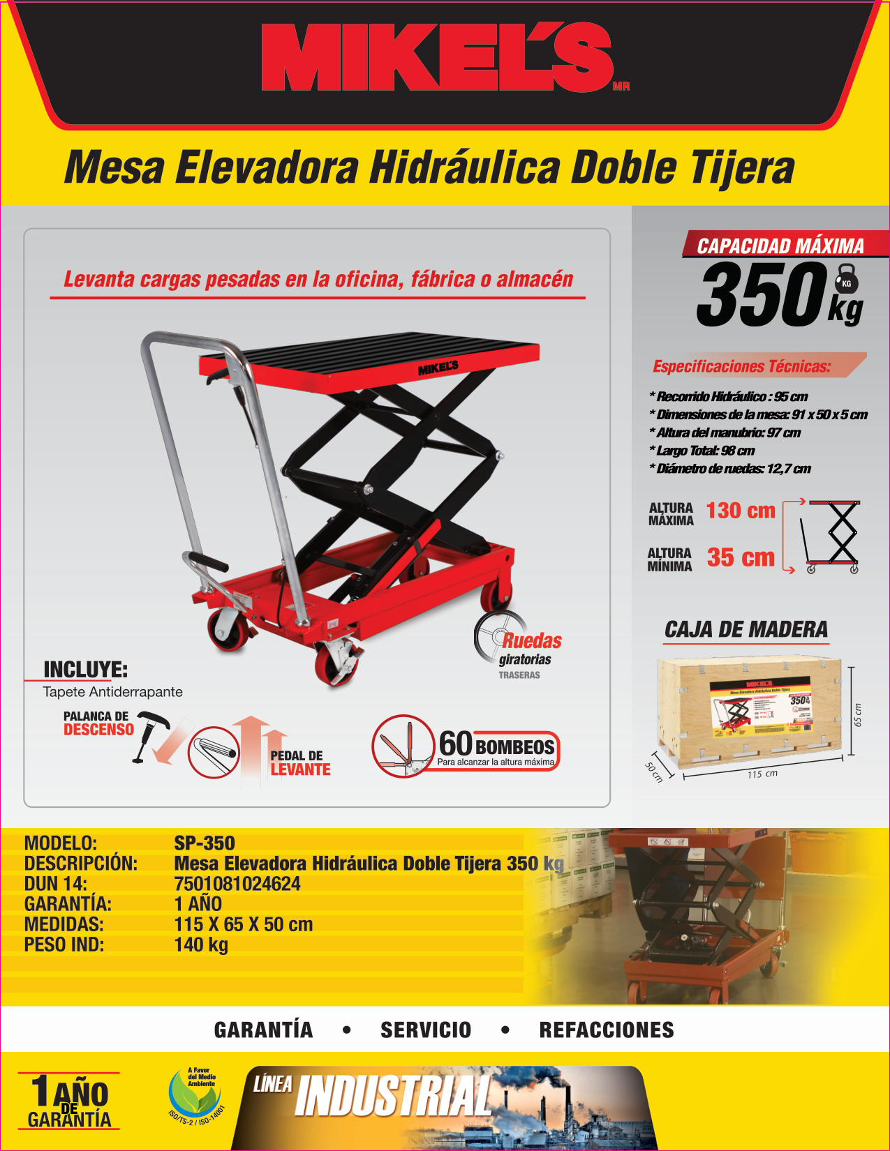 MIKELS SP-350 Mesa elevadora doble tijera (350 kgs) - Imagen 4