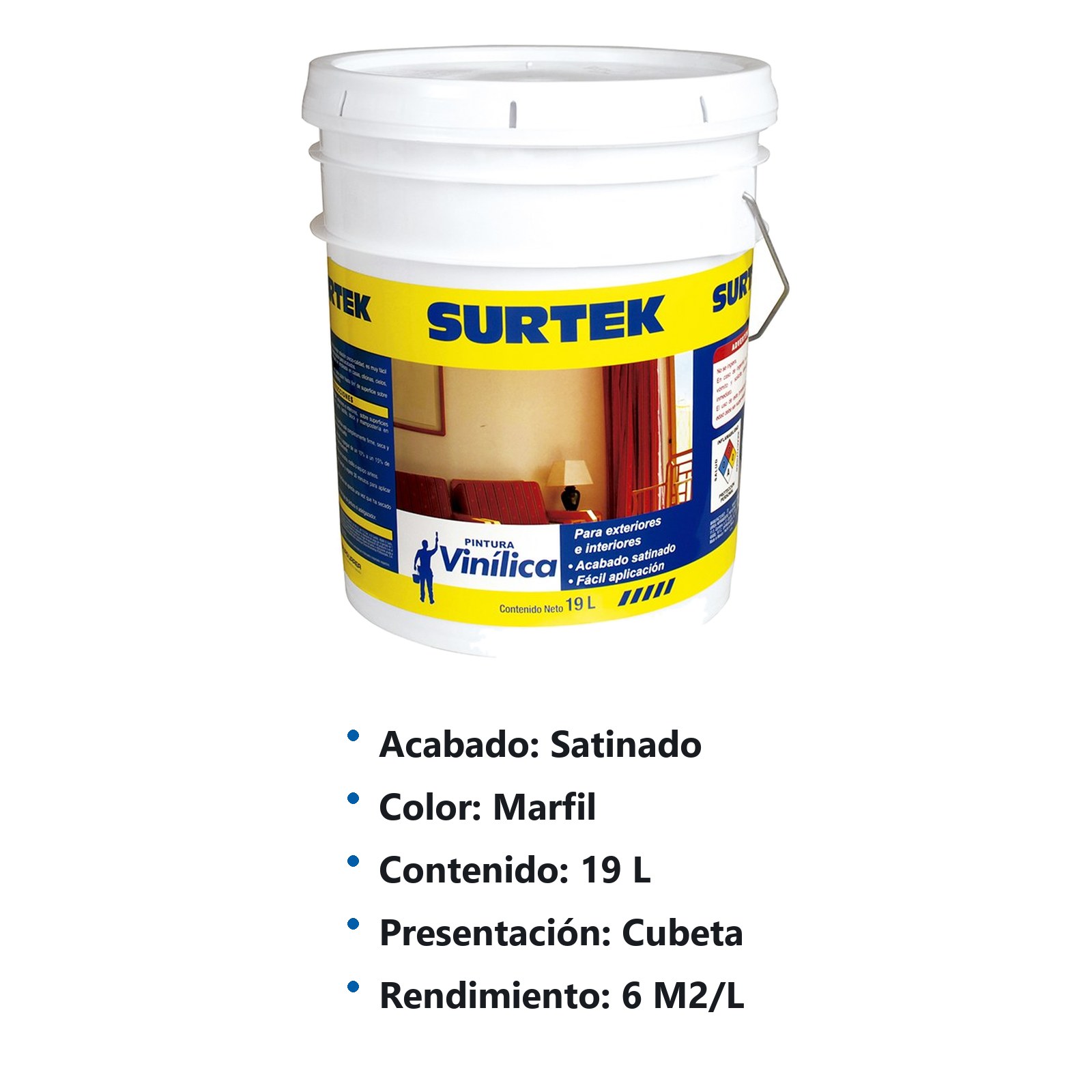 Cubeta de pintura vinílica 19 Lt color marfil Surtek - Imagen 2
