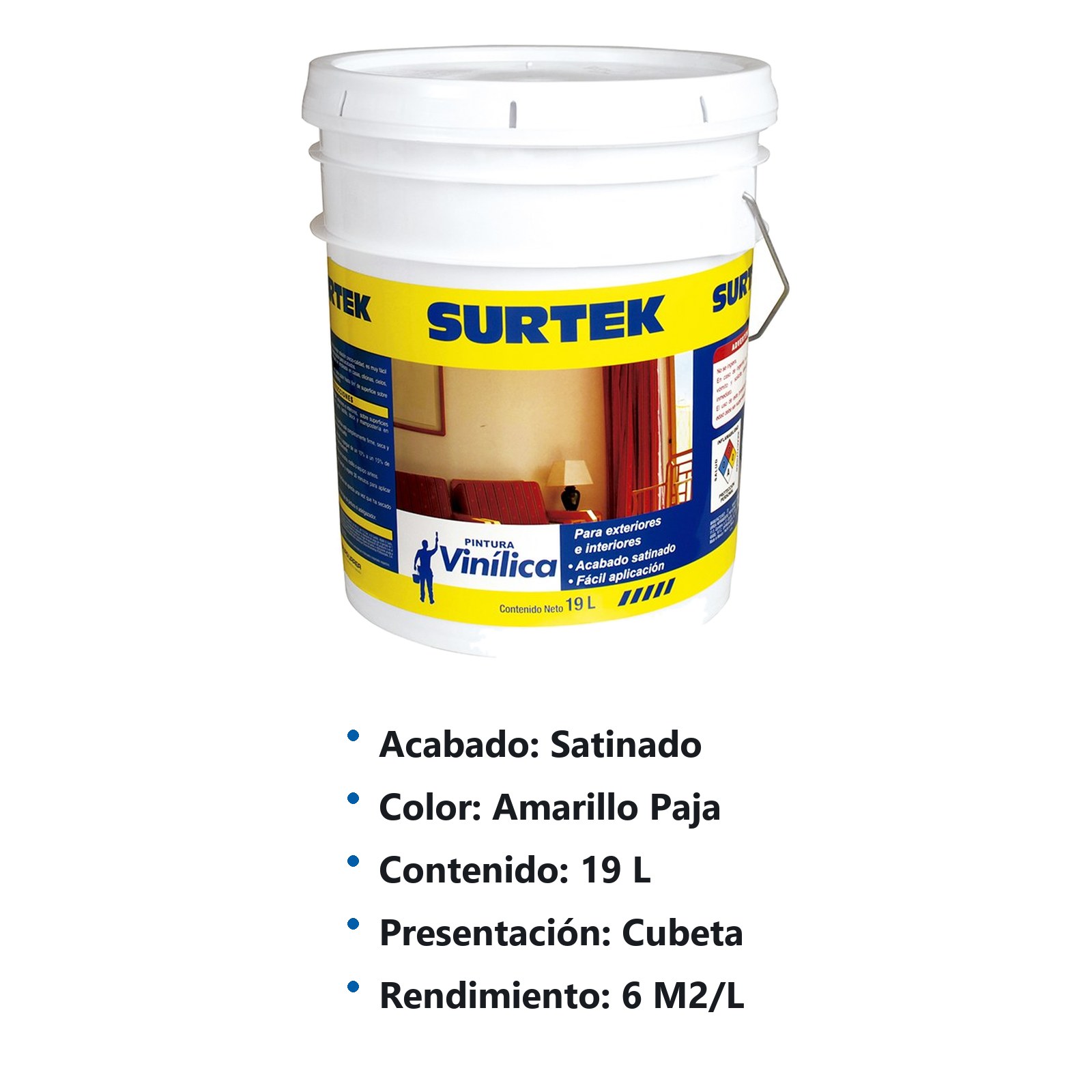 Cubeta de pintura vinílica 19 Lt color amarillo paja Surtek - Imagen 2