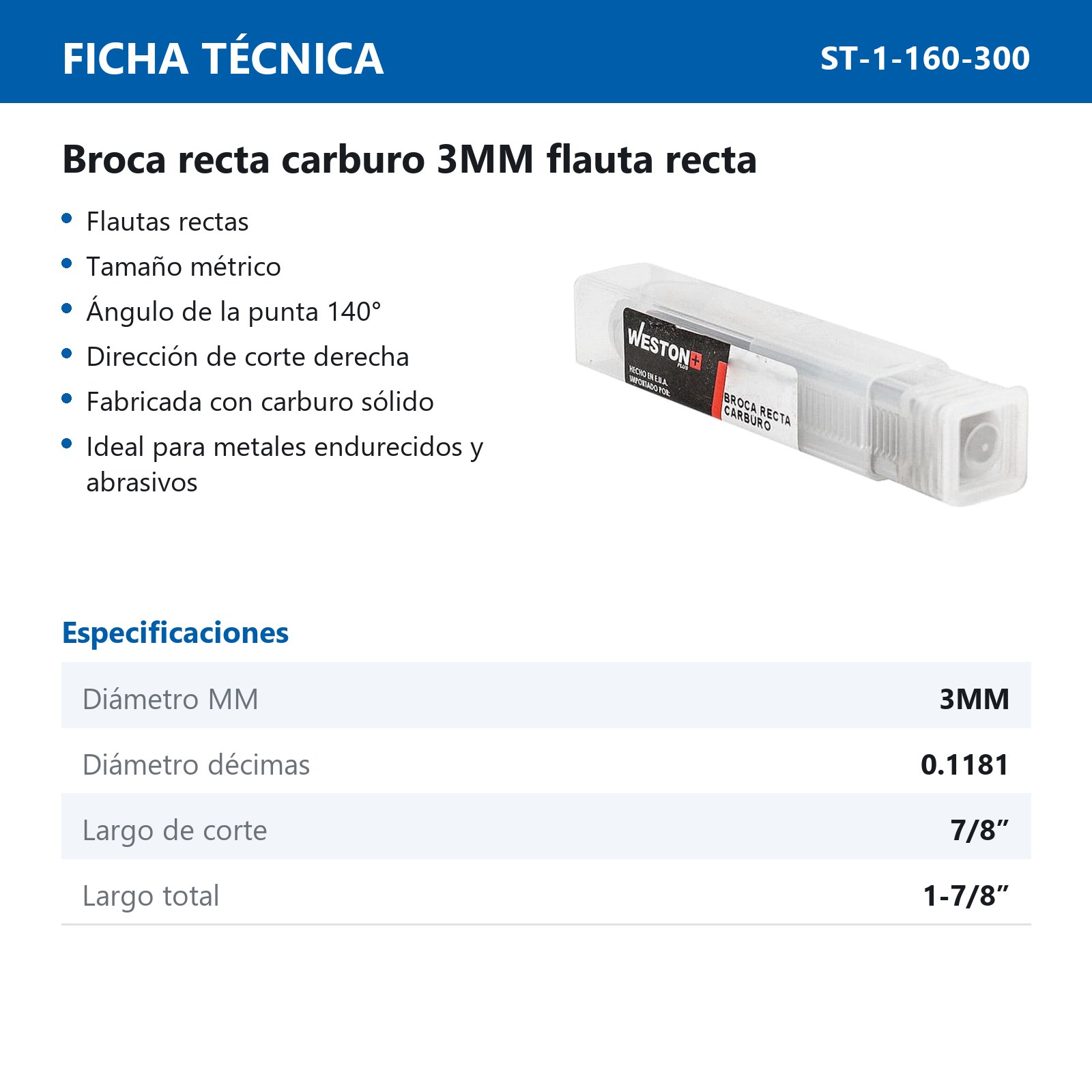 BROCA FLAUTA RECTA CARBURO 3.0MM ZANCO RECTO - Imagen 3