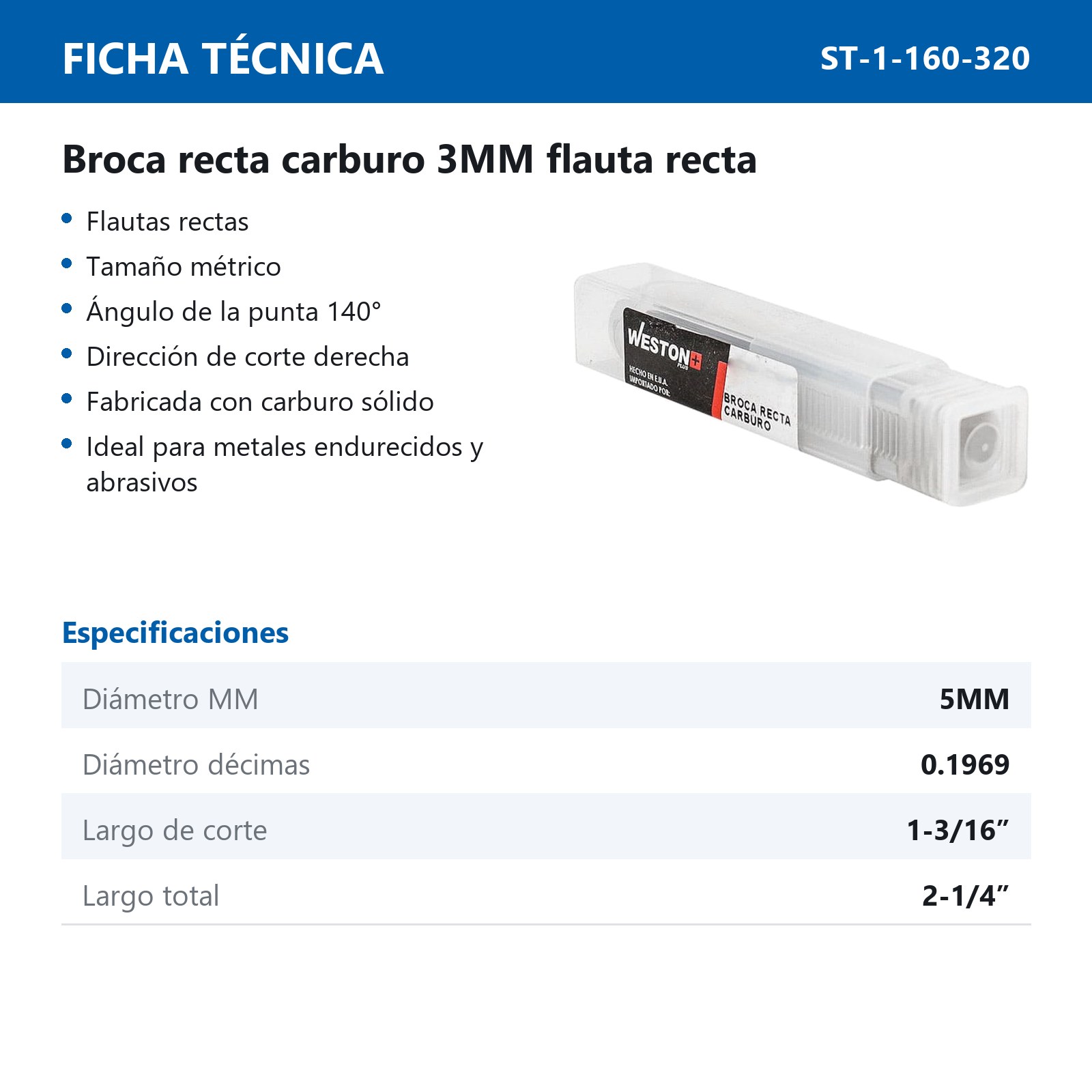 BROCA FLAUTA RECTA CARBURO 5.0MM ZANCO RECTO - Imagen 3