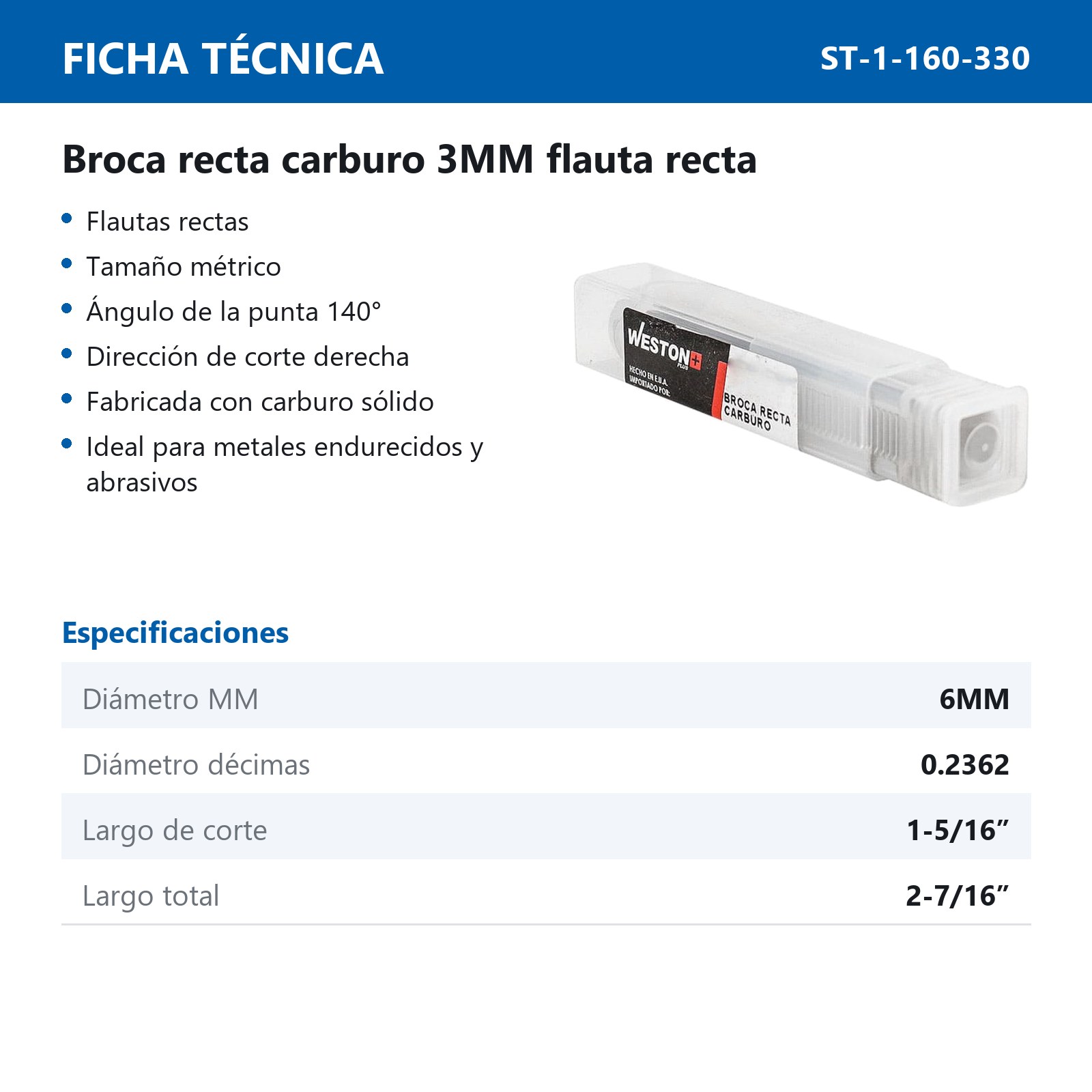 BROCA FLAUTA RECTA CARBURO 6.0MM ZANCO RECTO - Imagen 3