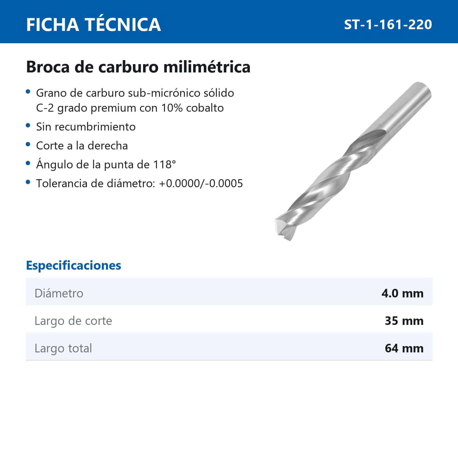 BROCA ESPIRAL CARBURO 4.0MM ZANCO RECTO - Imagen 3