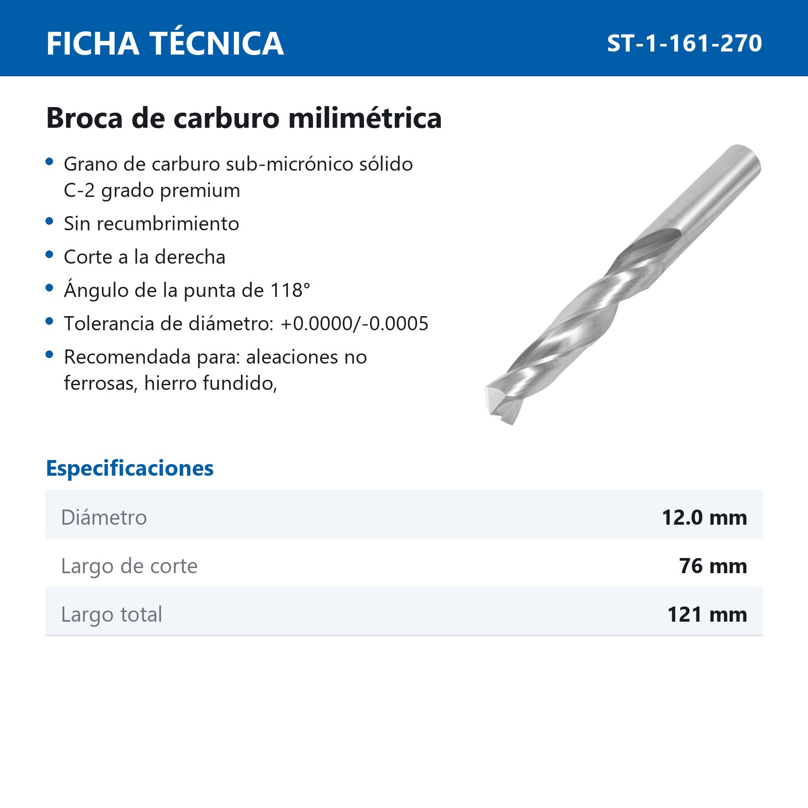BROCA ESPIRAL CARBURO 12MM ZANCO RECTO - Imagen 3