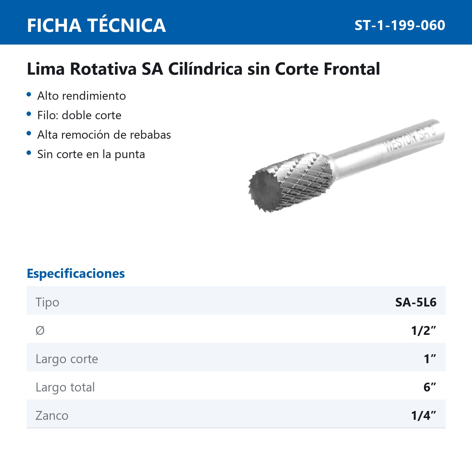 LIMA ROTATIVA SA-5 1/2"X6" DOBLE CORTE - Imagen 2