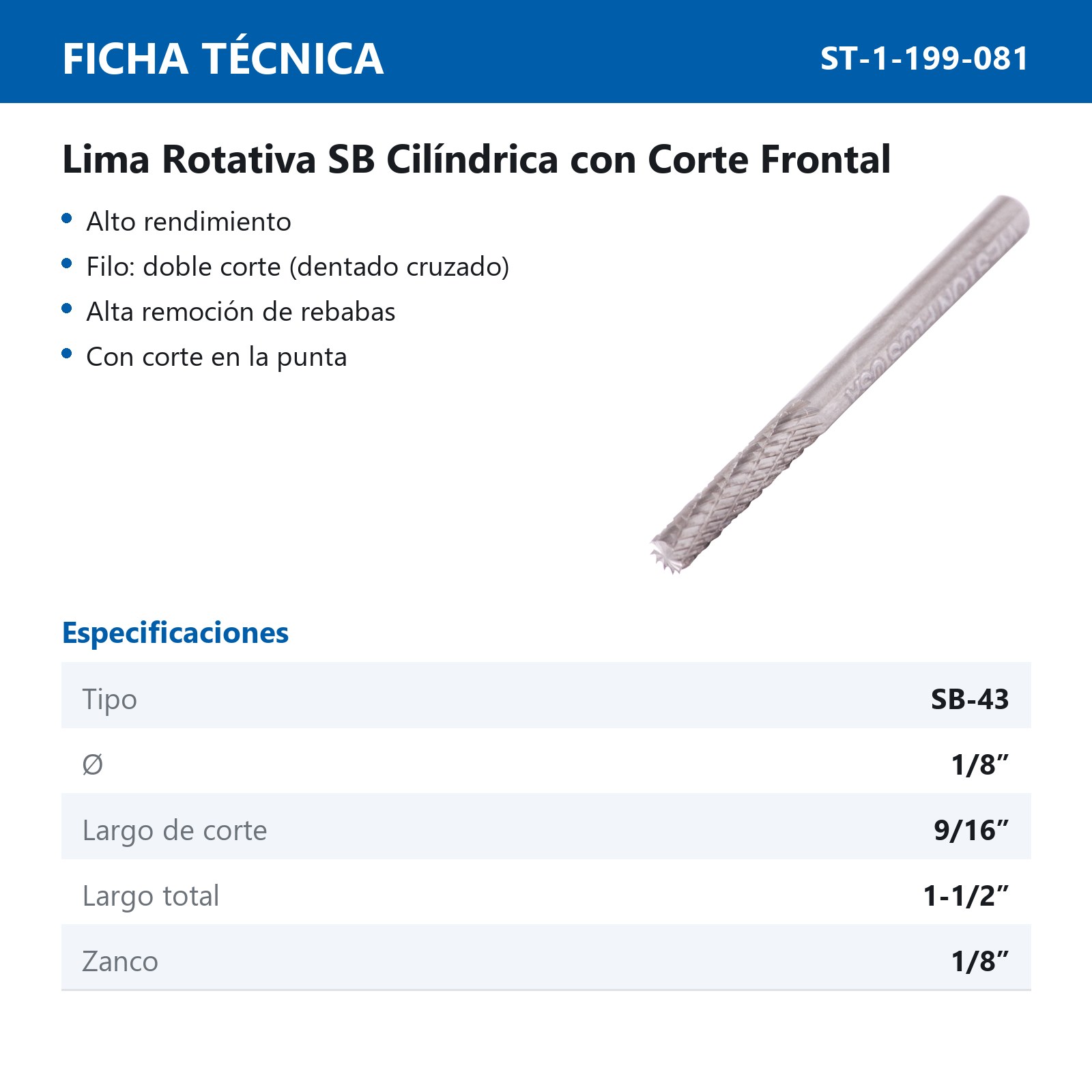LIMA ROTATIVA SB-43 1/8" DOBLE CORTE - Imagen 2