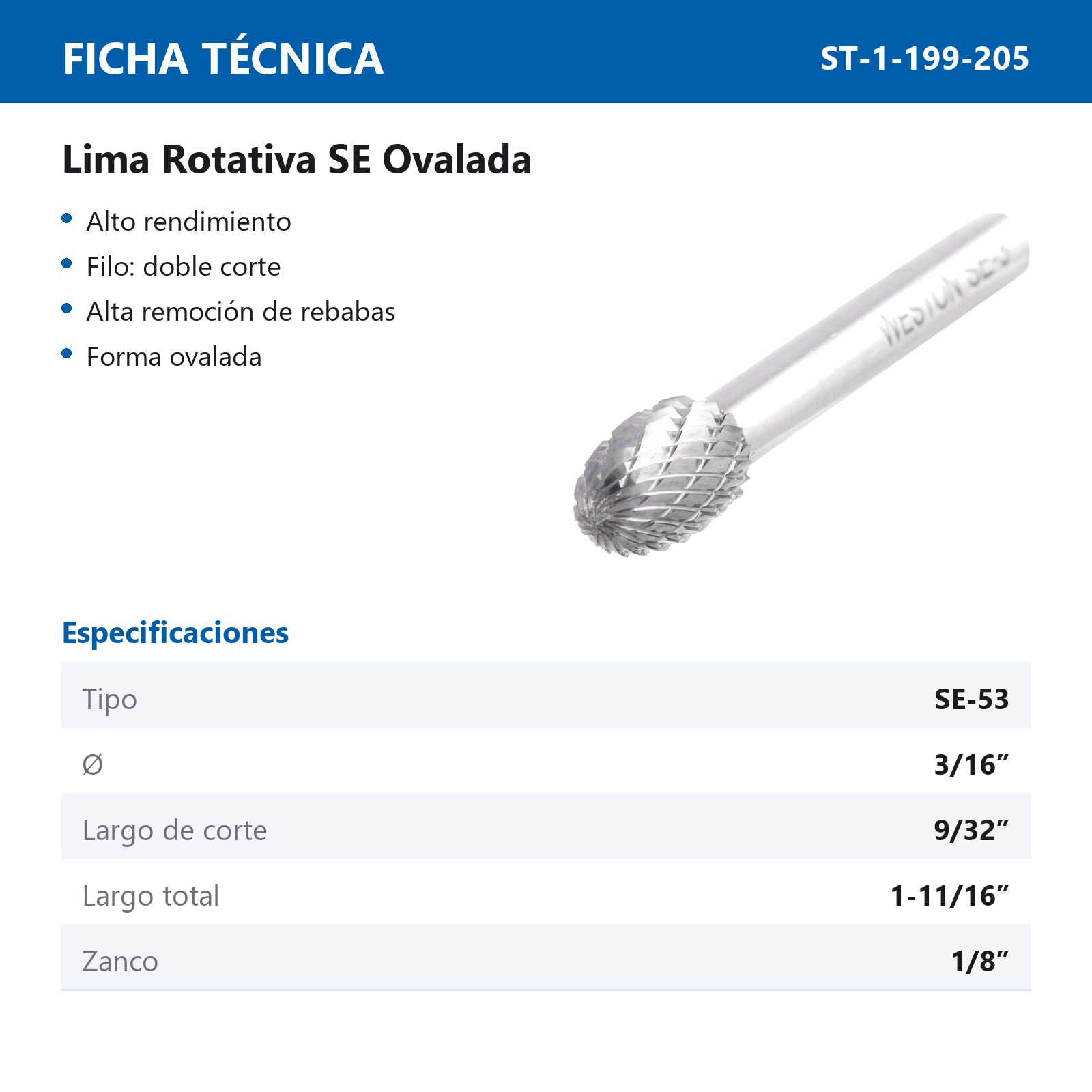 LIMA ROTATIVA SE-53 3/16" DOBLE CORTE - Imagen 2