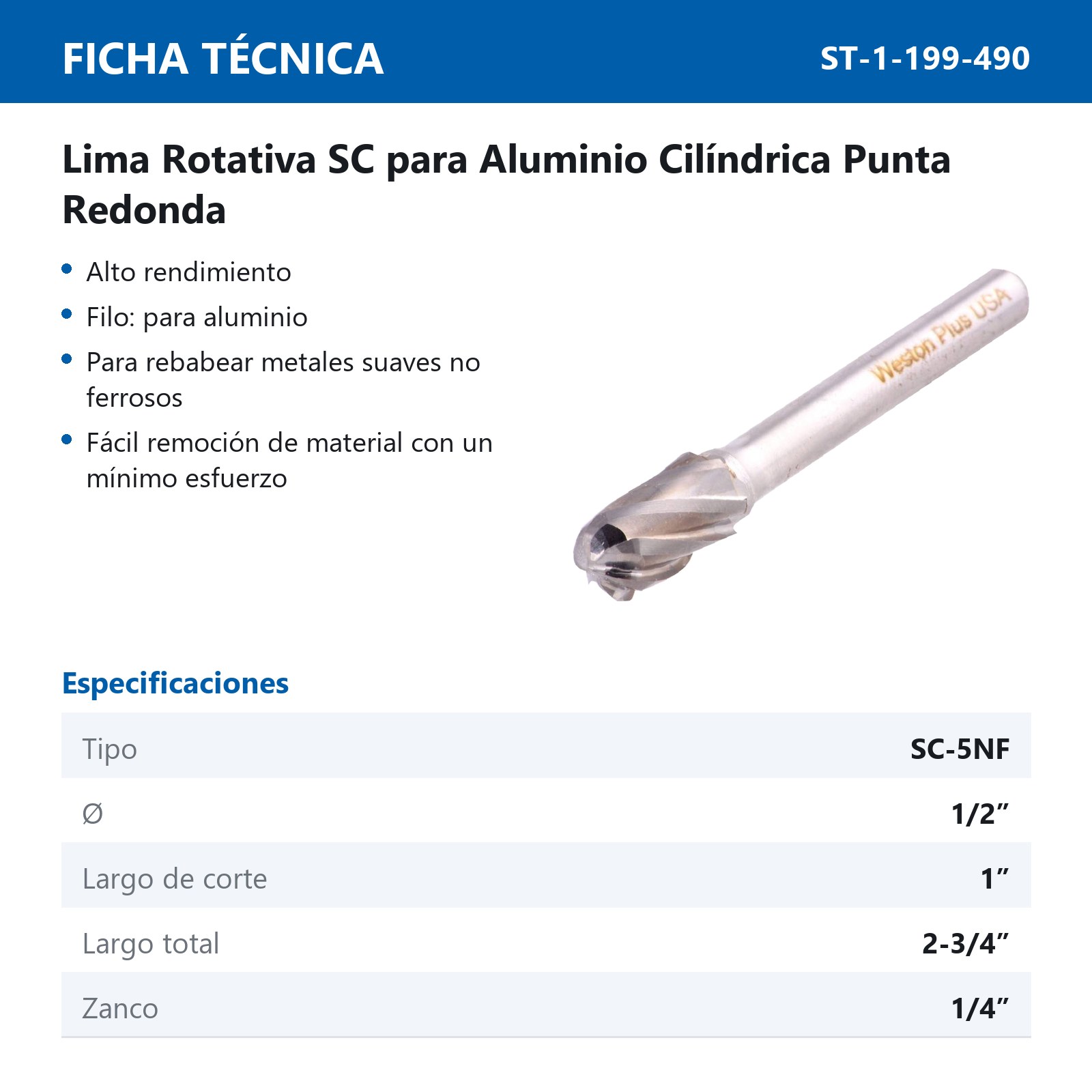 LIMA ROTATIVA SC-5NF 1/2" P/ALUMINIO - Imagen 2