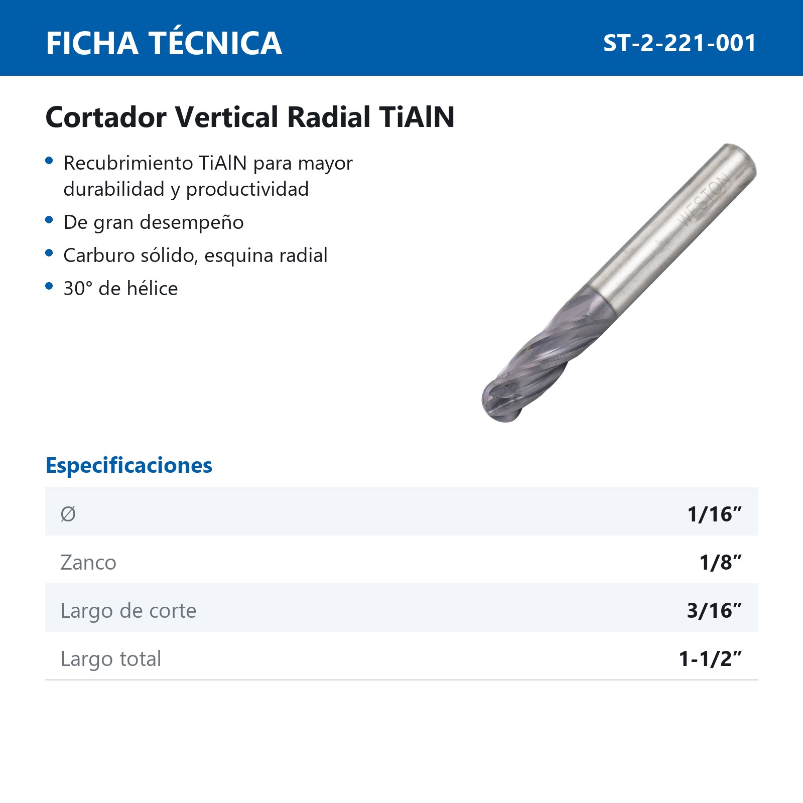 CORT.VERT.RADIAL CARBURO C/TiAlN 1/16 X 1/8 4F - Imagen 3