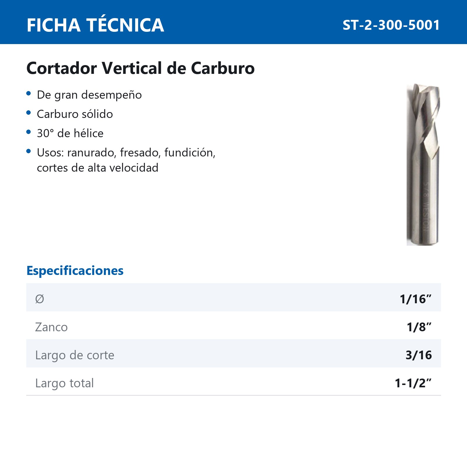 CORTADOR VERT. CARBURO 1/16 X 1/8" 2F - Imagen 2