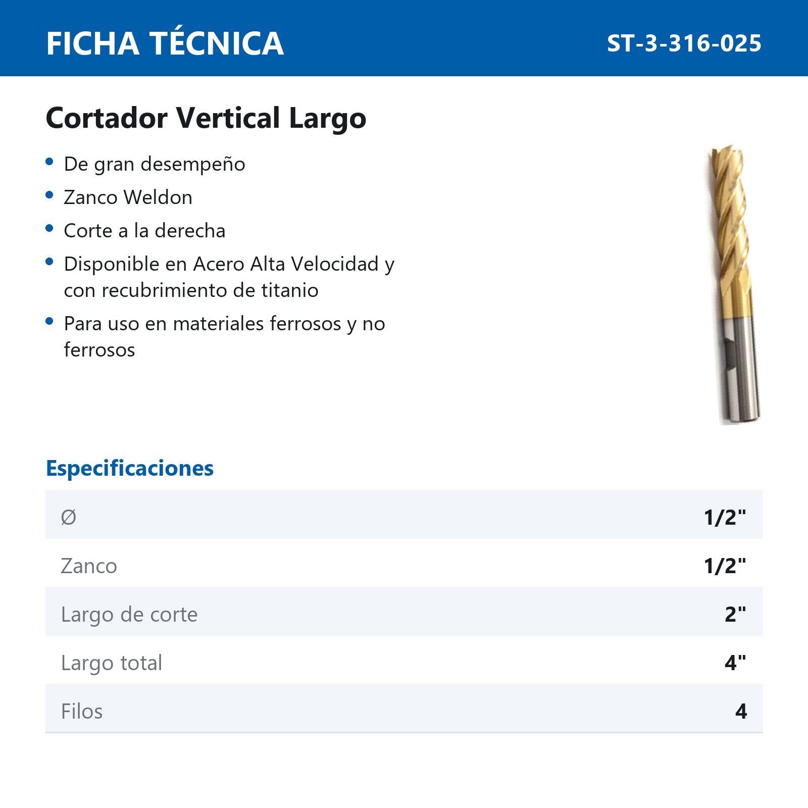 CORTADOR VERTICAL 1/2 X 1/2" 4F LGO. TITANIO - Imagen 2