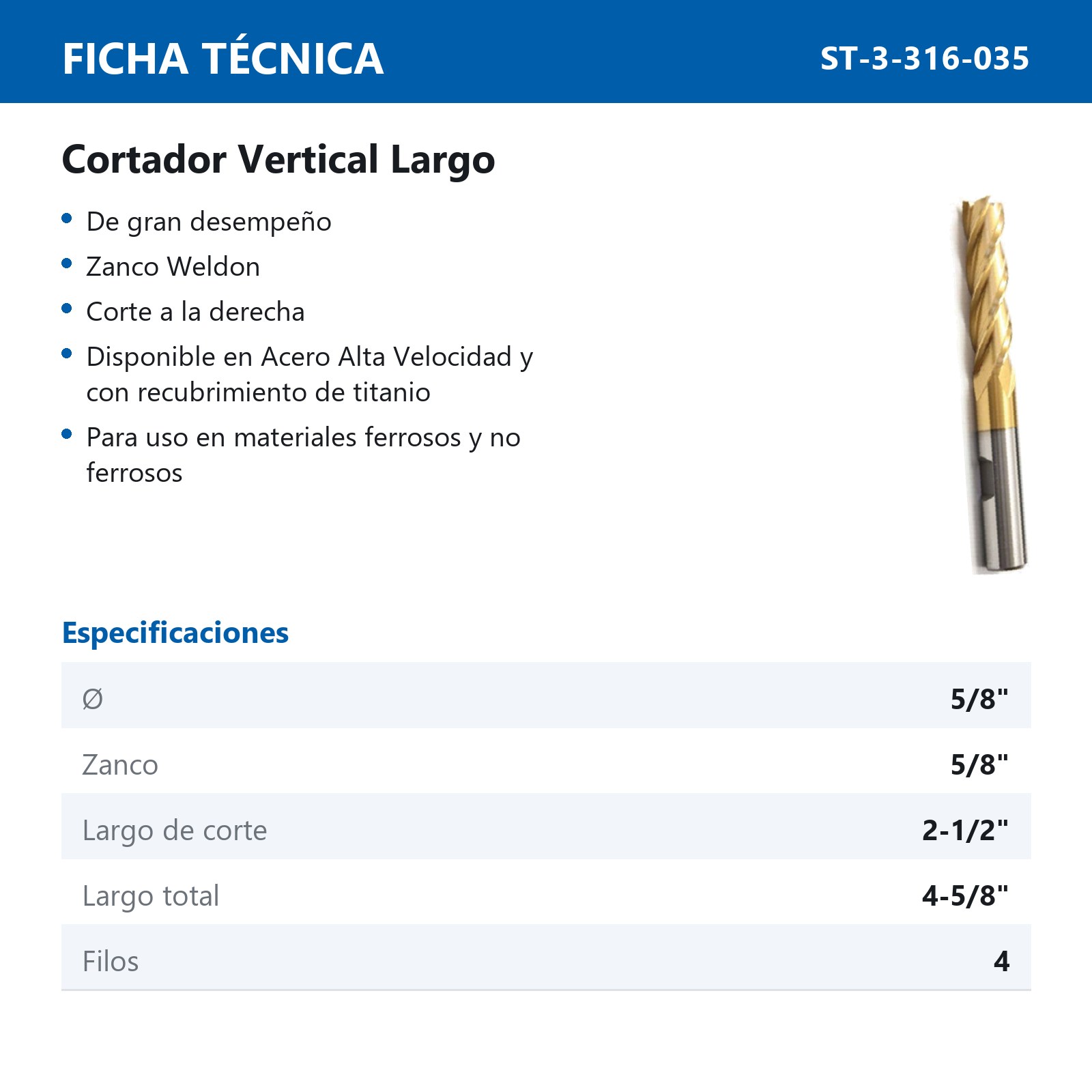 CORTADOR VERTICAL 5/8 X 5/8" 4F LGO. TITANIO - Imagen 2