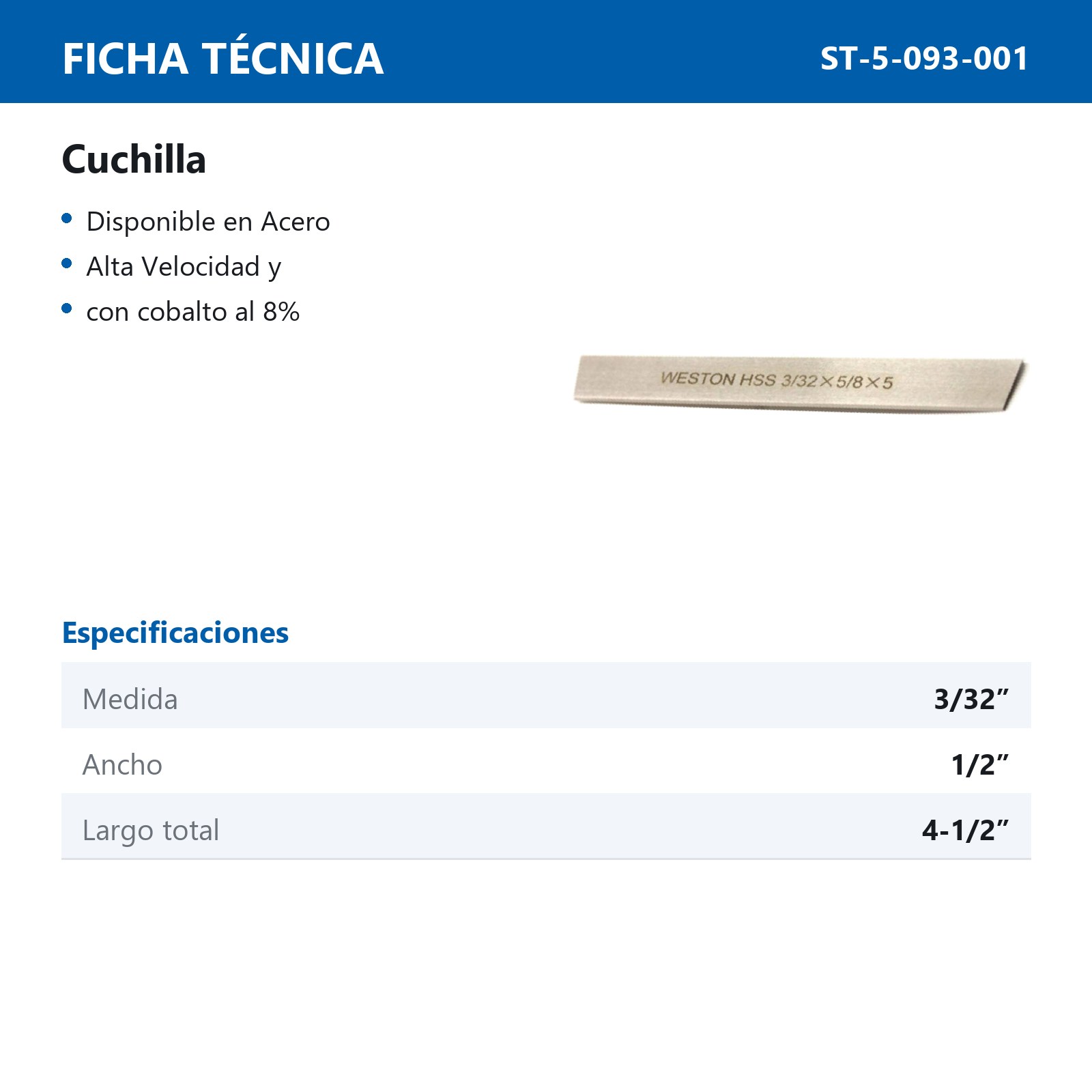 CUCHILLA A.V. 3/32" X 1/2" X 4-1/2" - Imagen 2