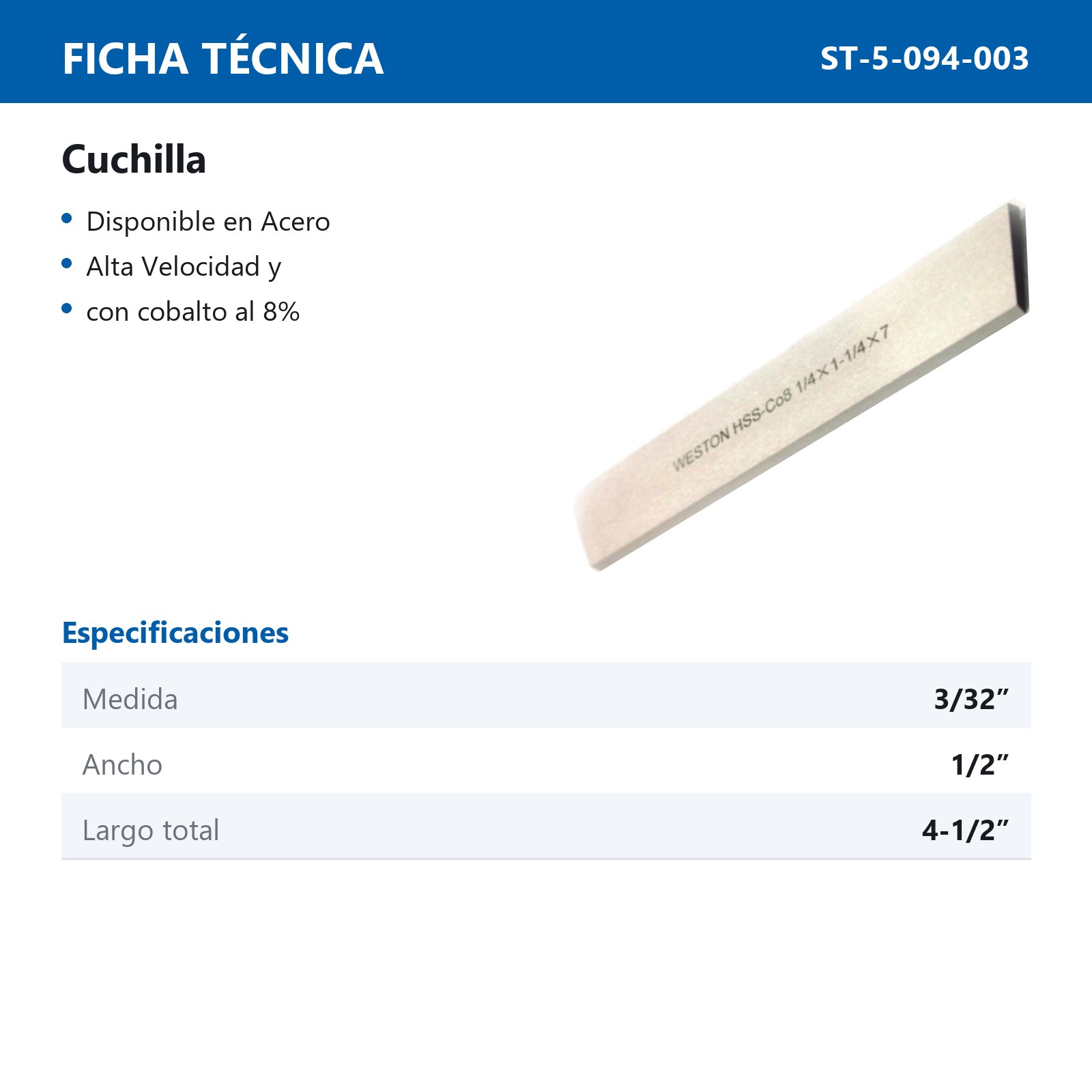 CUCHILLA COBALTO 3/32"  X 1/2" X 4-1/2 - Imagen 2
