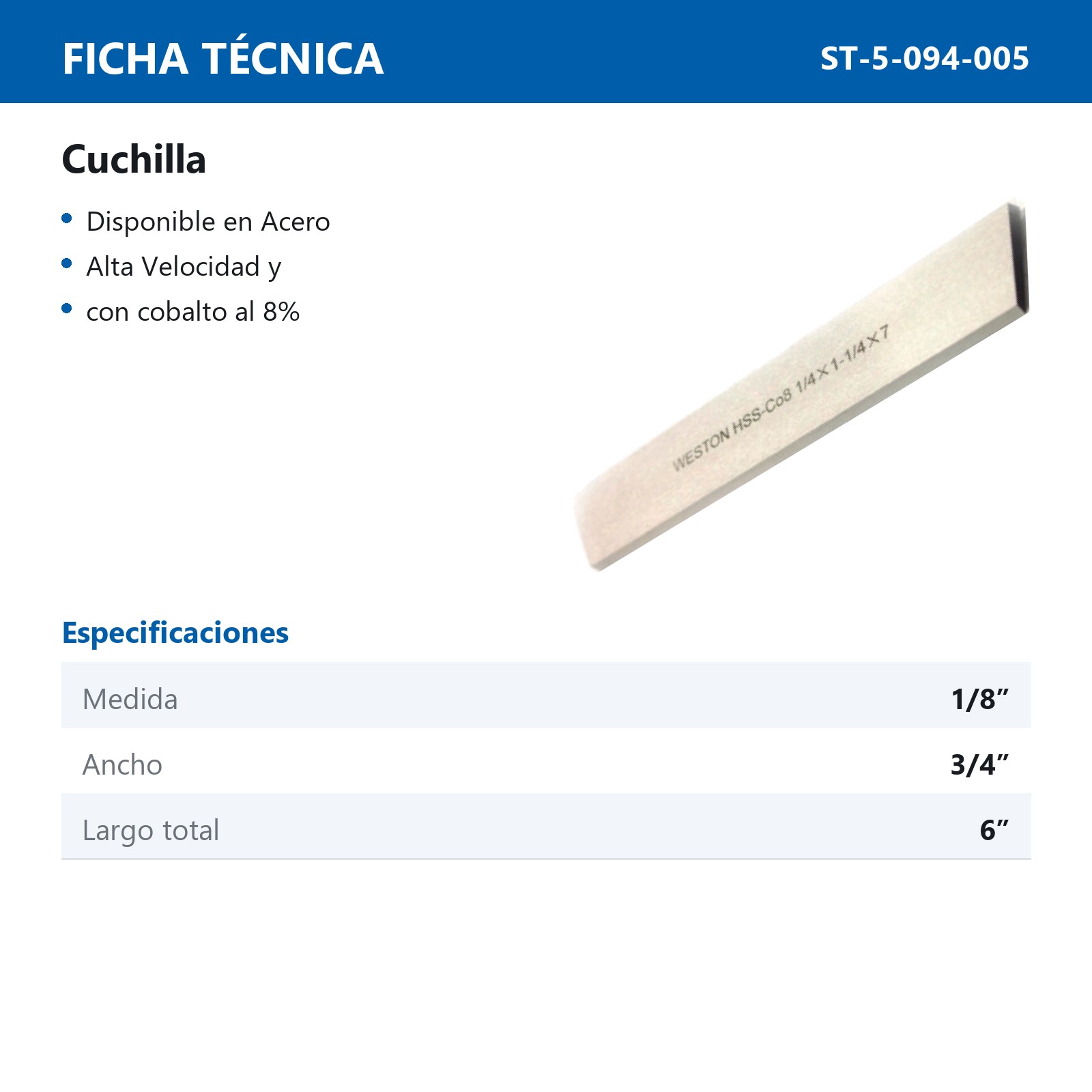 CUCHILLA COBALTO 1/8" X 3/4" X 6 - Imagen 2