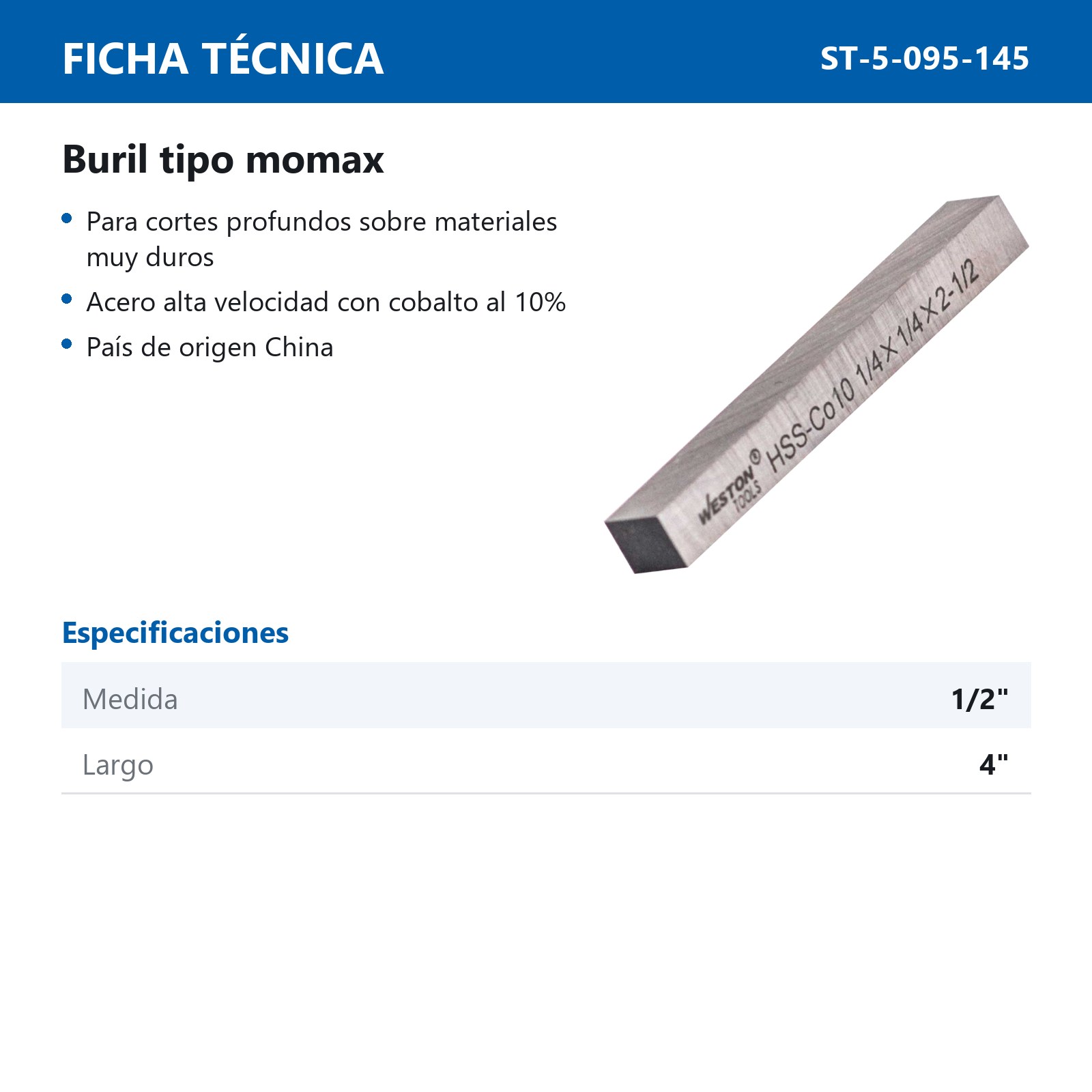 BURIL D/COBALTO Co10 1/2" X 4" TIPO M - Imagen 2