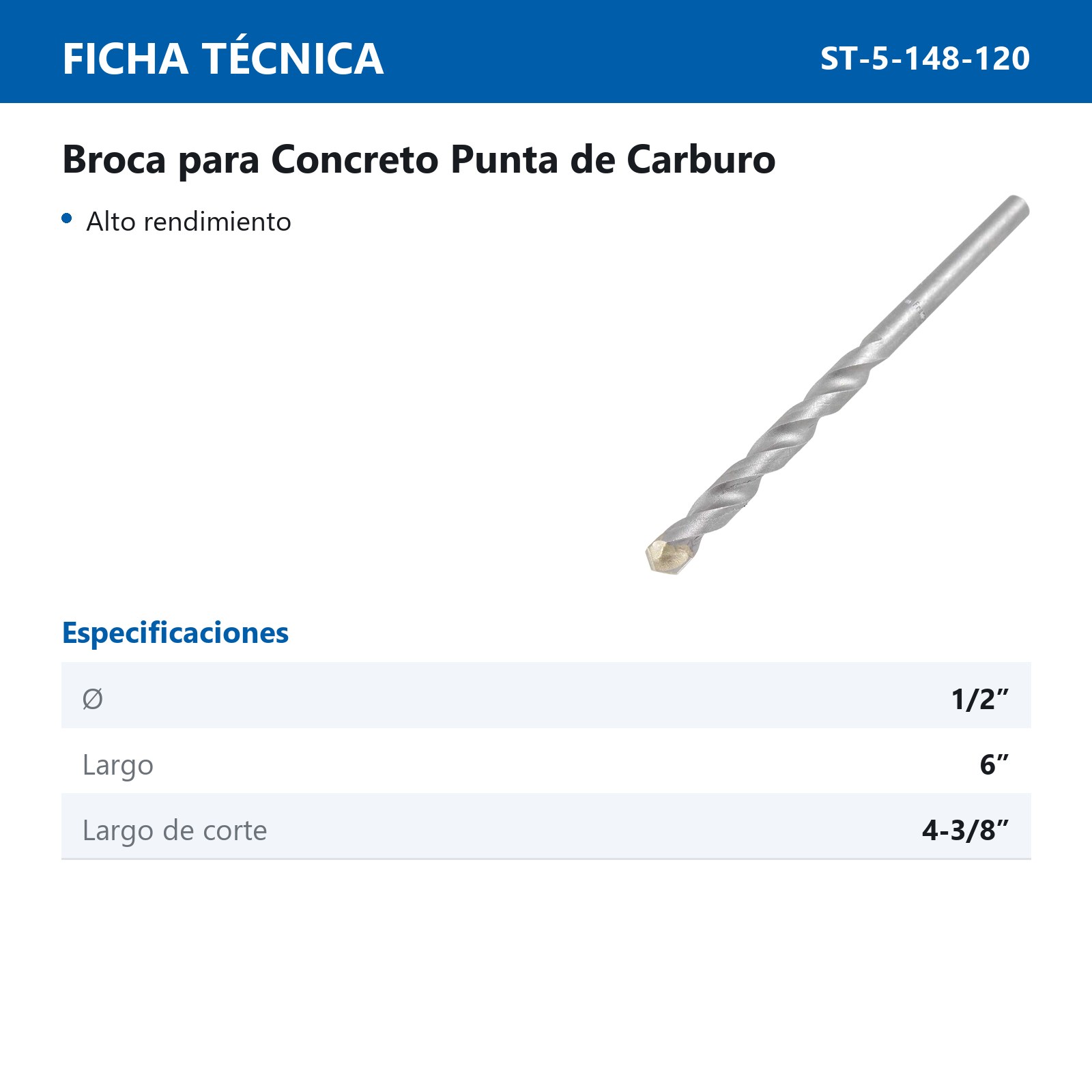 BROCA WP CONCRETO 1/2" X 6" (Precio x pieza - Empaque c/5 pzas) - Imagen 4