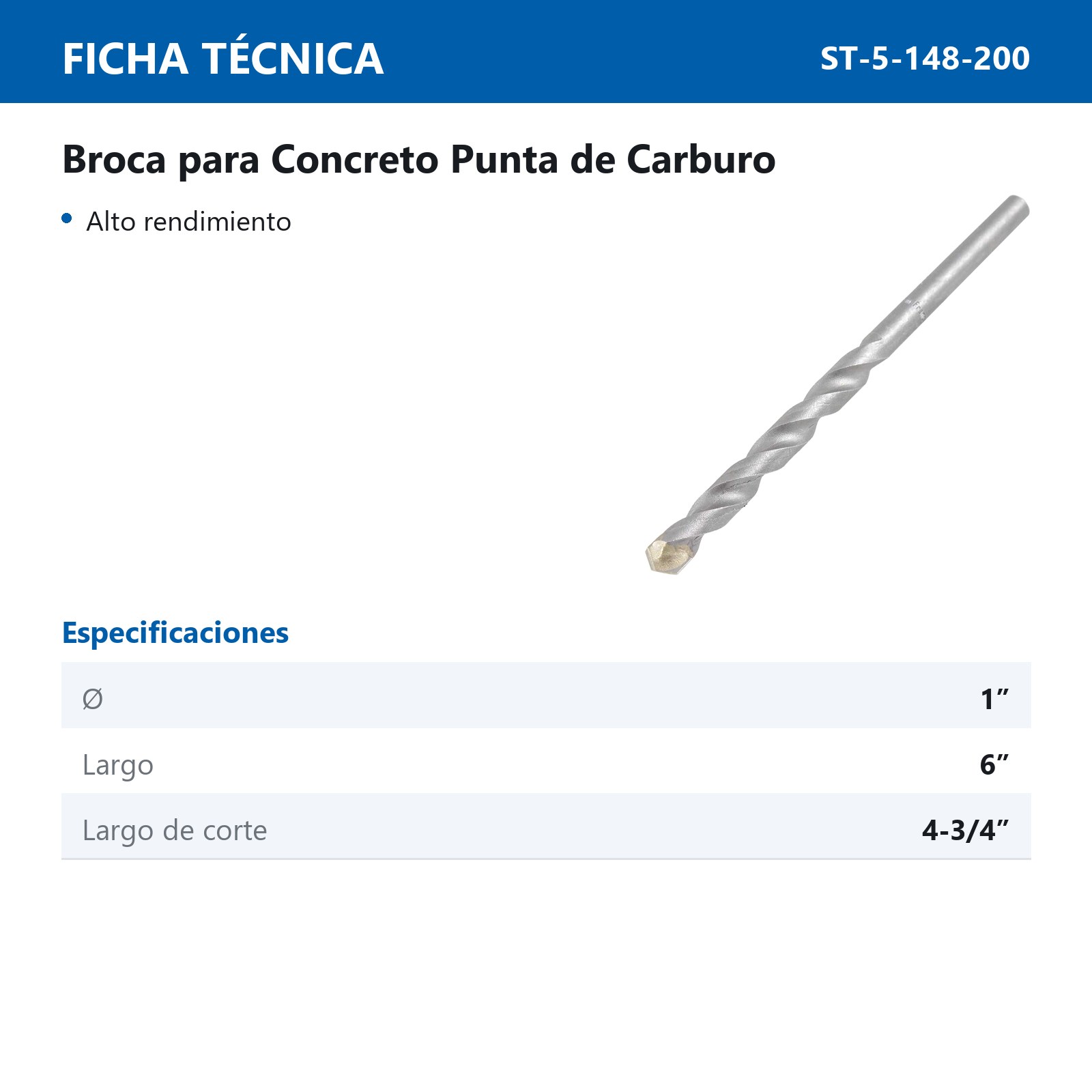 BROCA WP CONCRETO 1" X 6" (Precio x pieza - Empaque c/3 pzas) - Imagen 4