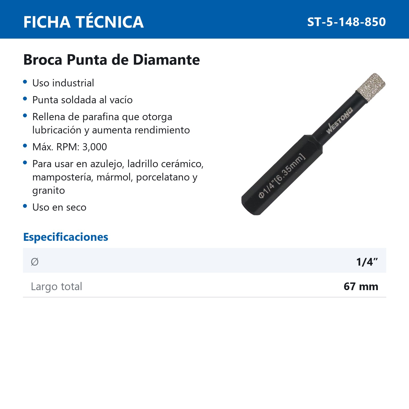 BROCA WP DIAMANTE 1/4" - Imagen 3