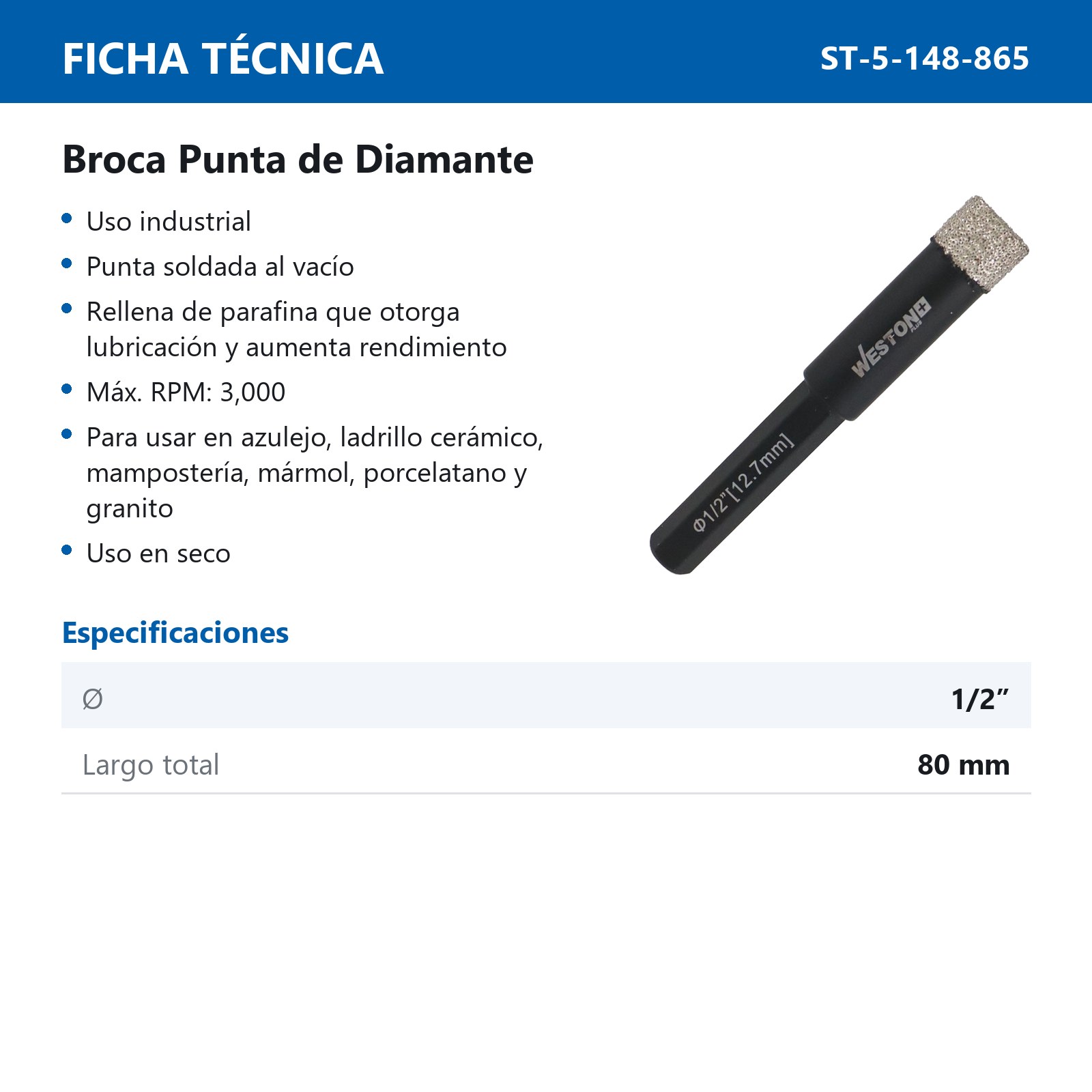 BROCA WP DIAMANTE 1/2" - Imagen 3