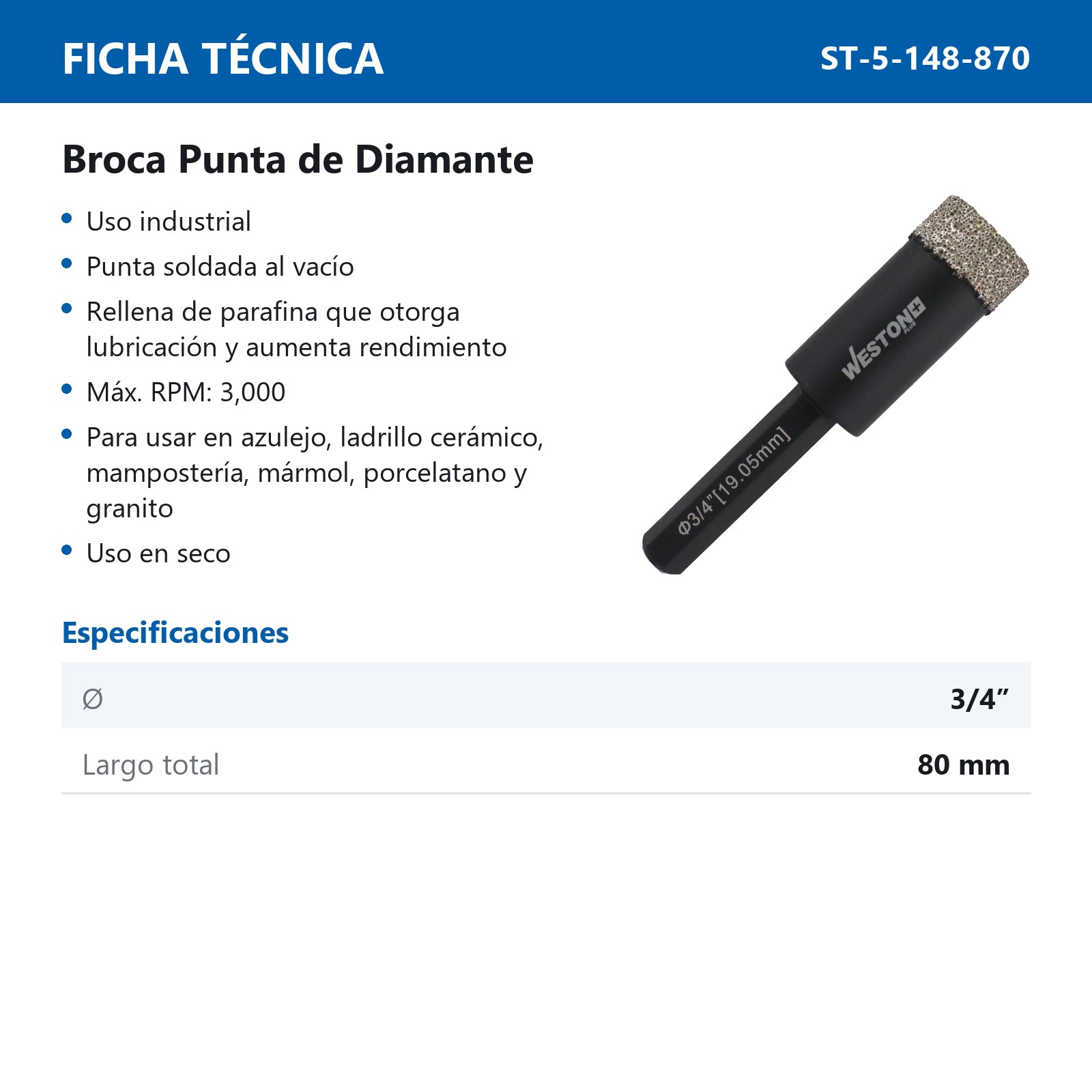 BROCA WP DIAMANTE 3/4" - Imagen 3