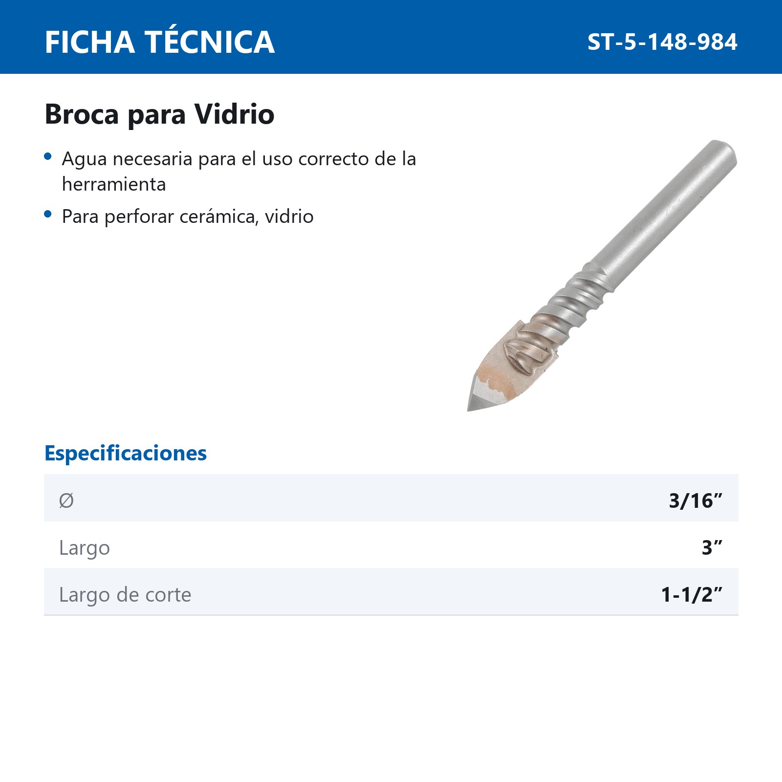 BROCA WP P/ VIDRIO 3/16" - Imagen 3