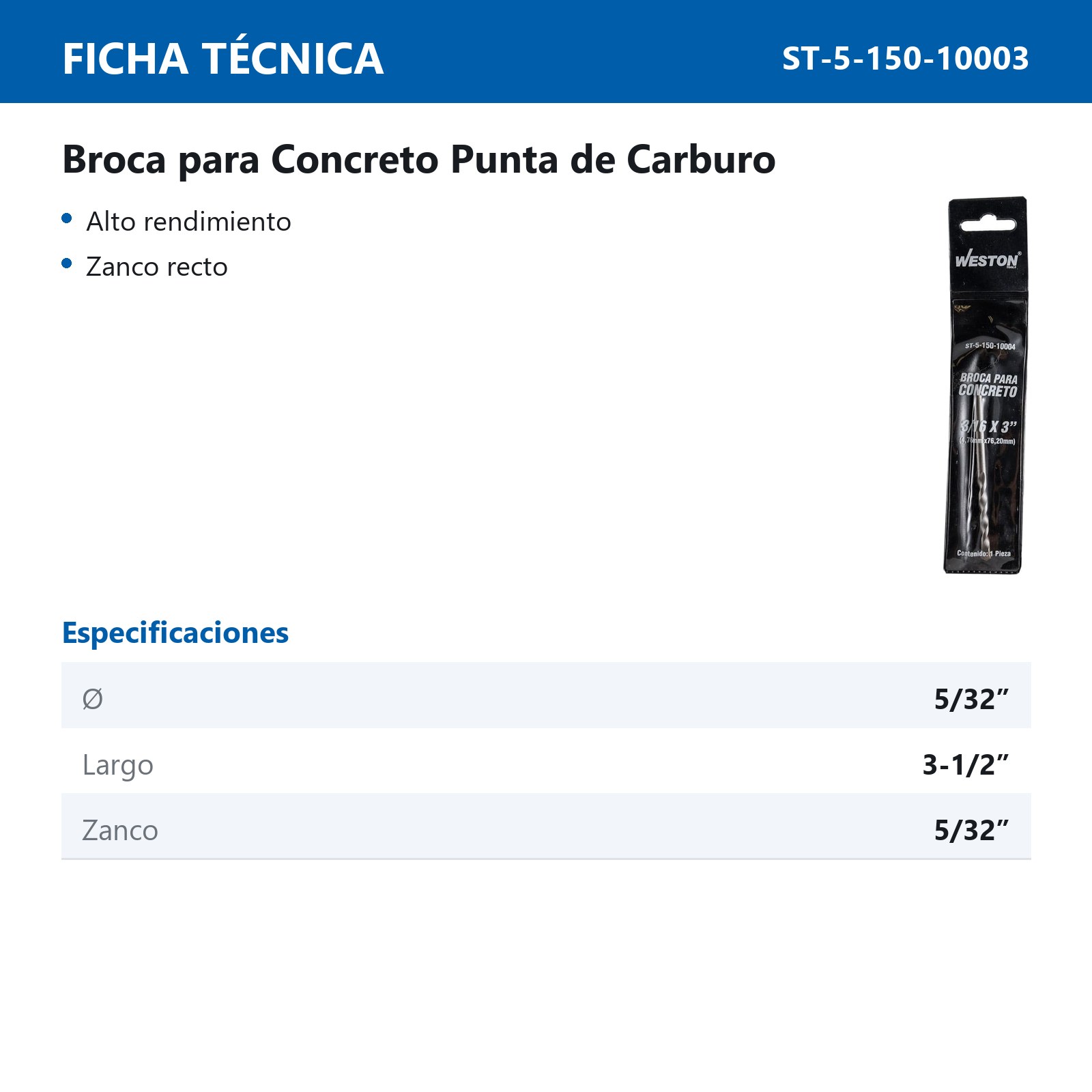 BROCA CONCRETO 5/32 X 3 1/2 " - Imagen 3