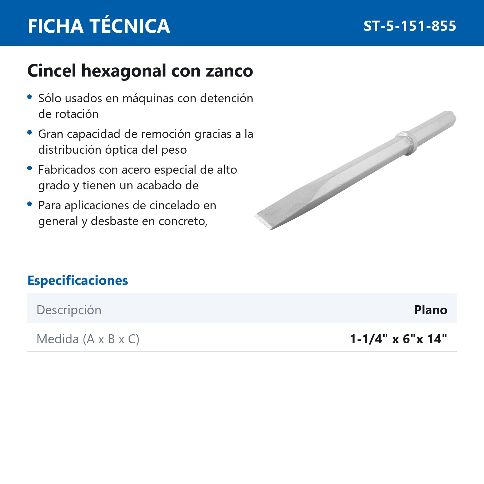 CINCEL HEX 14" PLANO C/ZANCO 1-1/4"x6" - Imagen 4