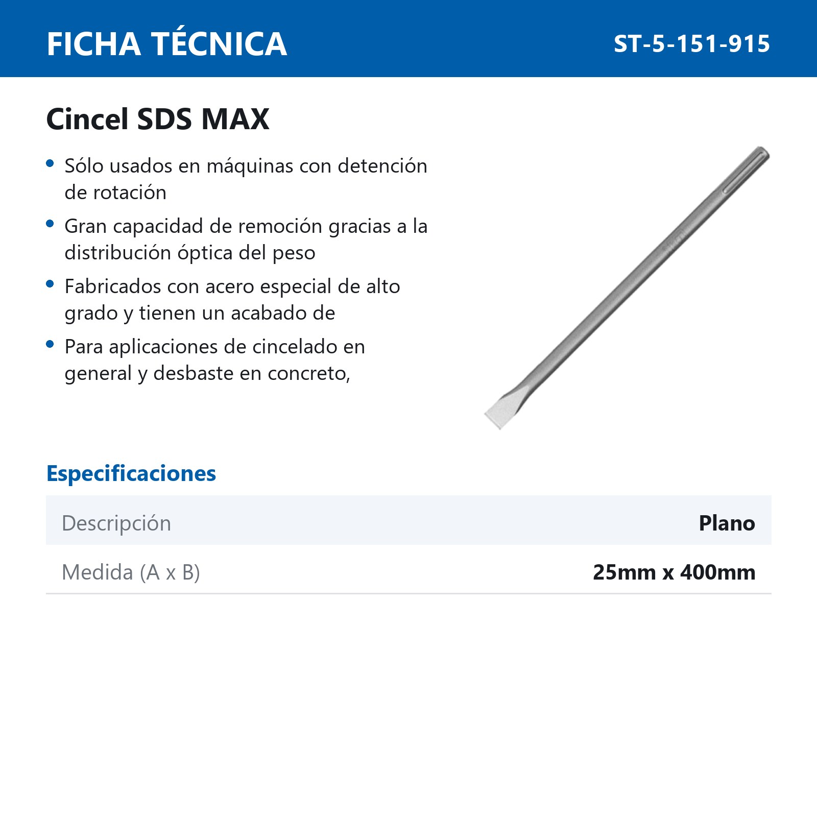 CINCEL SDS MAX PLANO 400X25MM - Imagen 2