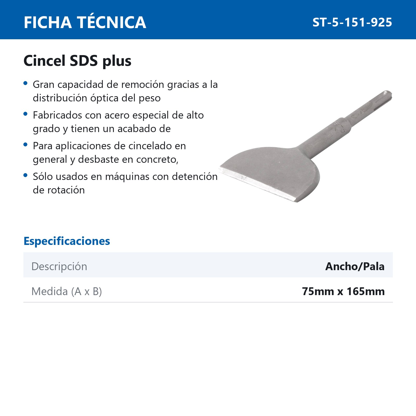 CINCEL SDS PLUS ANCHO/PALA 165X75MM - Imagen 4
