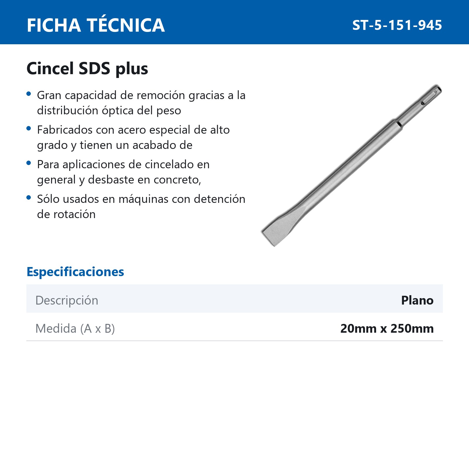 CINCEL SDS PLUS PLANO 250X20MM - Imagen 2