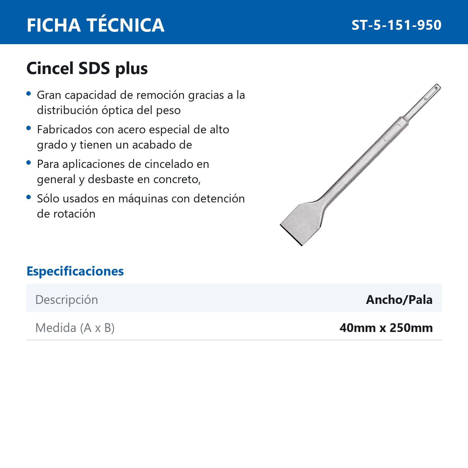 CINCEL SDS PLUS ANCHO/PALA 250X40MM - Imagen 2