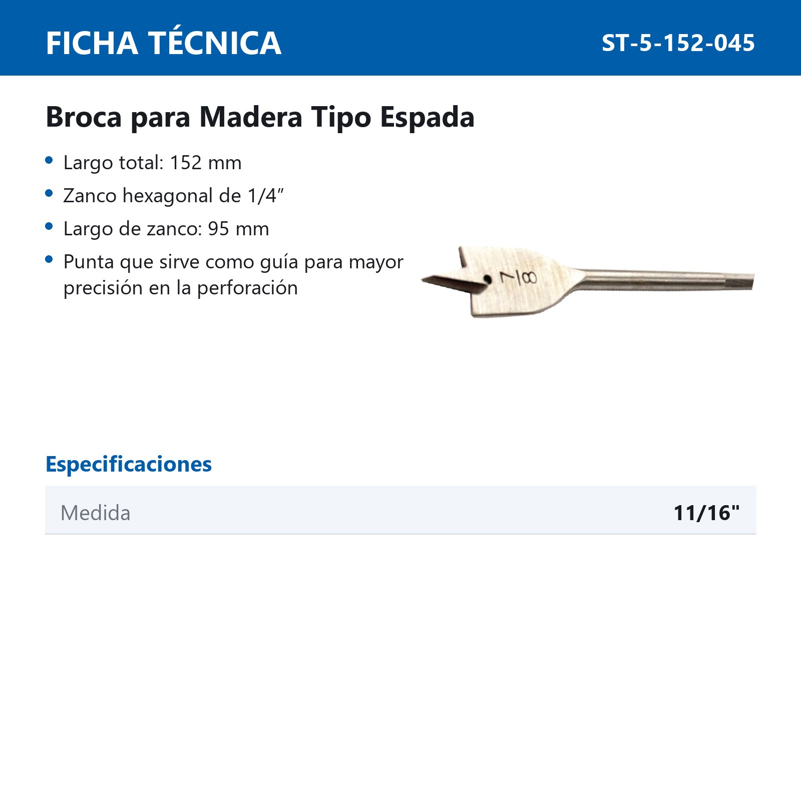 BROCA P/MADERA TIPO ESPADA 11/16" - Imagen 2