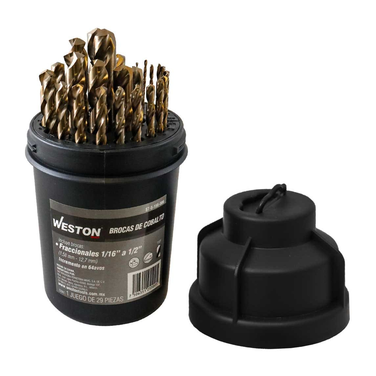 Juego de Brocas de Cobalto Fraccionales 1/16 a 1/2" x 64 29 Piezas Weston