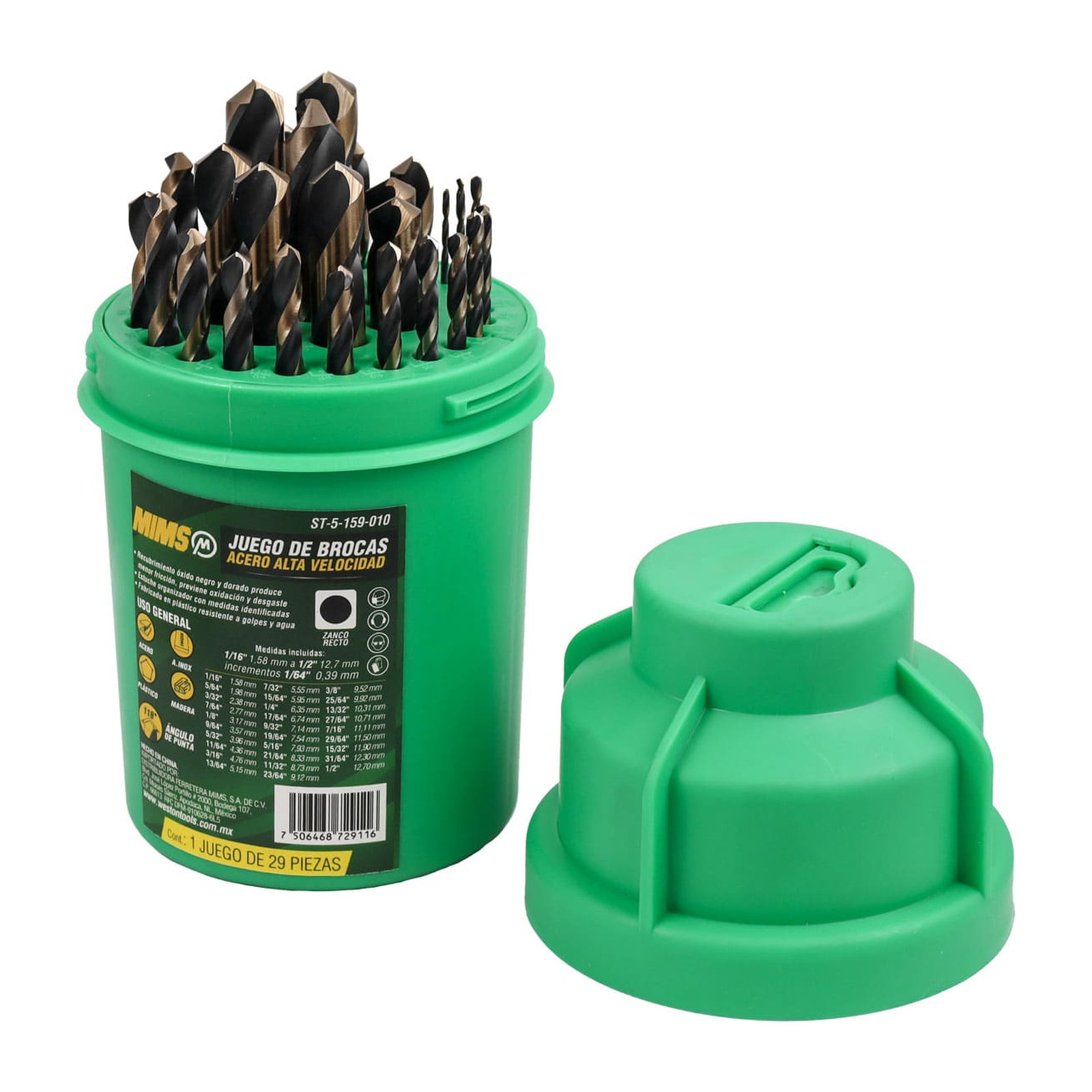 Juego de 29 Brocas de Acero de Alta Velocidad Fraccionales 1/16" a 1/2" x 1/64" MIMS