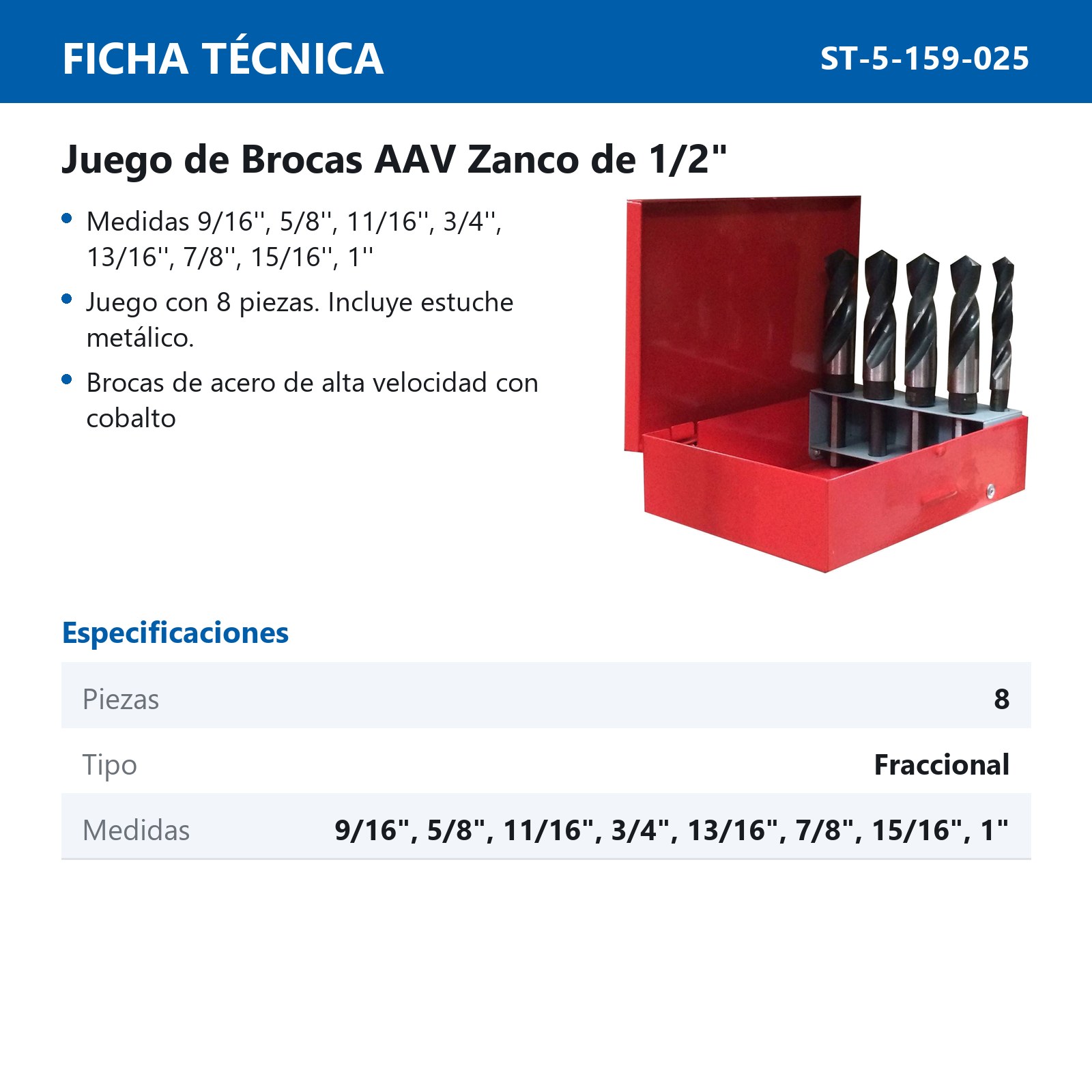 JUEGO DE BROCAS  DE ACERO A.V ZANCO 1/2"  FRACC. 8 PIEZAS - Imagen 2