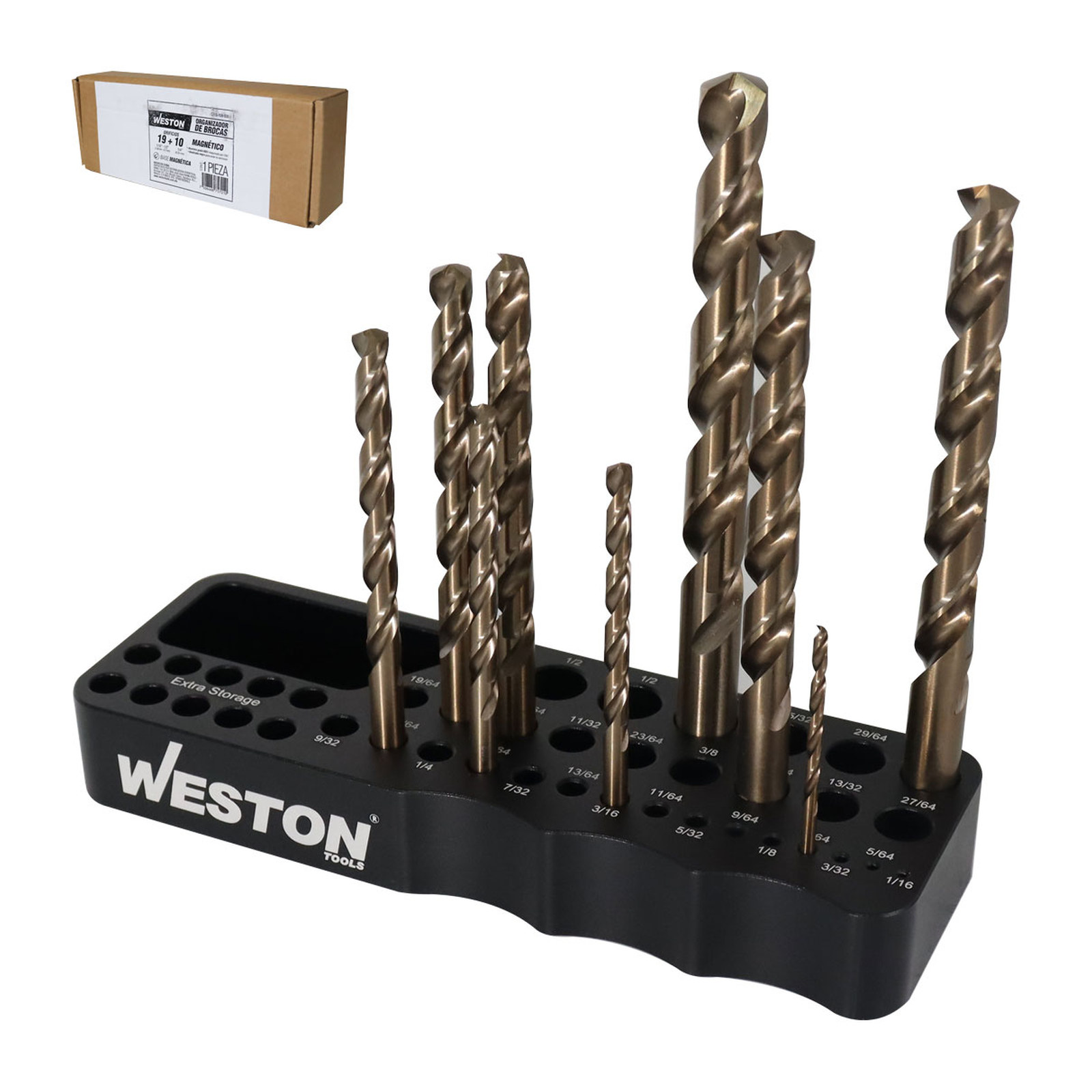 Organizador de Brocas Magnético 1/16" a 1/2" (180x60x25mm) con 10 Agujeros de 1/4" Weston